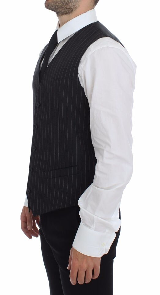 Elegant Gray Striped Dress Vest - ventzia