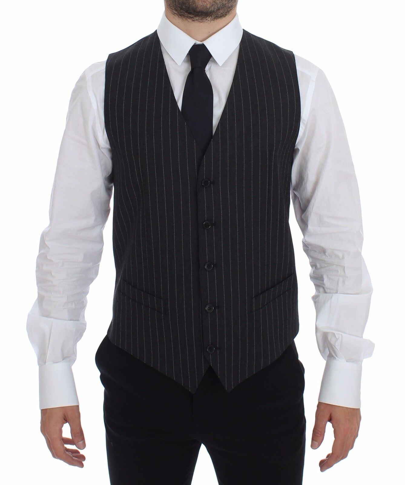 Elegant Gray Striped Dress Vest - ventzia