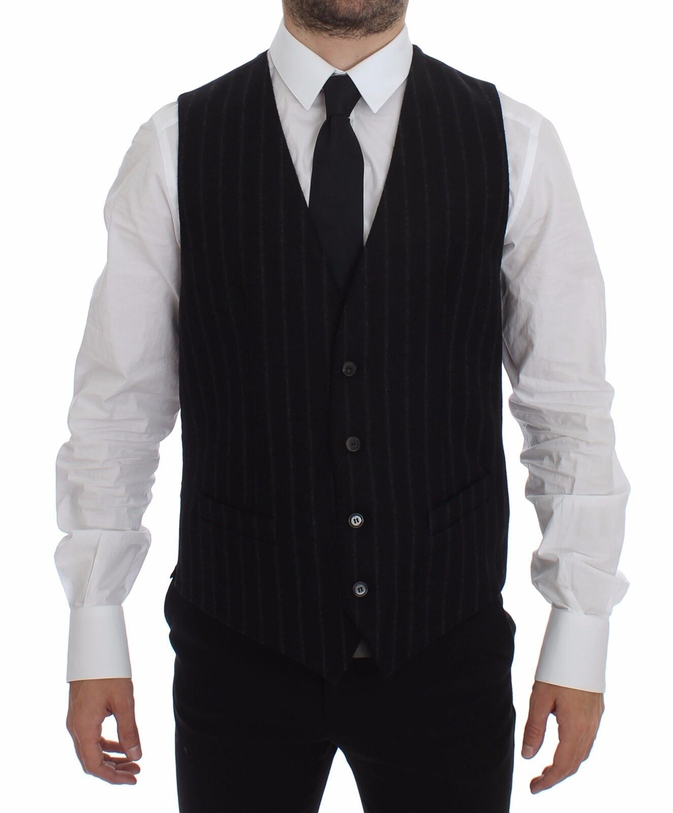 Elegant Black Striped Single Breasted Dress Vest - ventzia
