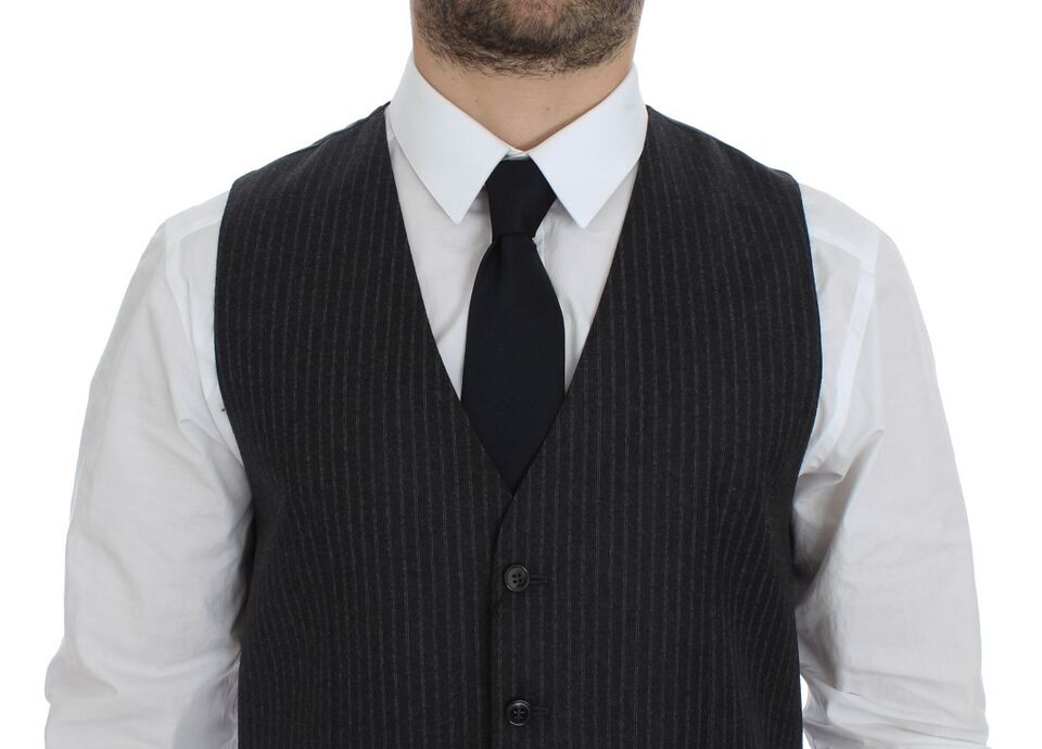 Elegant Gray Striped Wool Dress Vest - ventzia