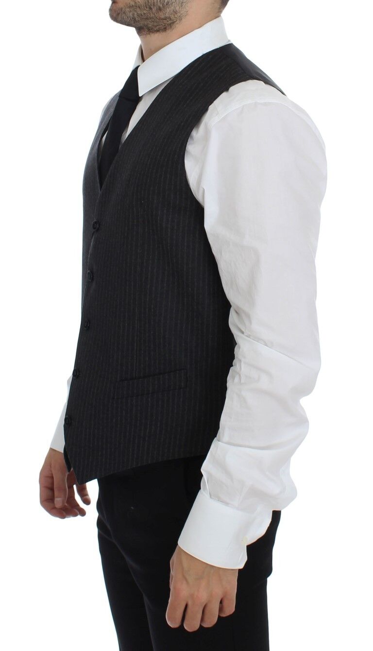 Elegant Gray Striped Wool Dress Vest - ventzia