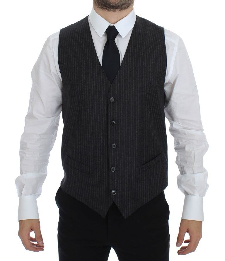 Elegant Gray Striped Wool Dress Vest - ventzia