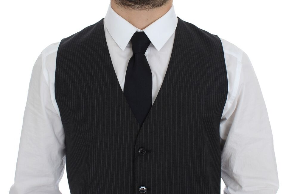 Elegant Gray Striped Dress Vest - ventzia