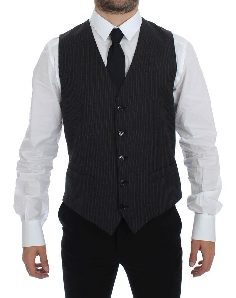 Elegant Gray Striped Dress Vest - ventzia