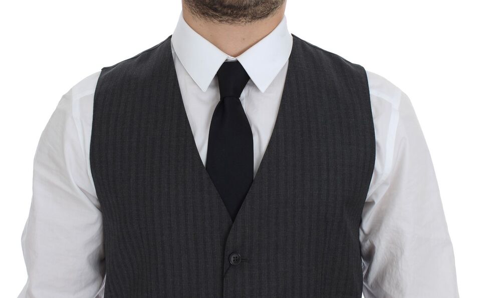 Elegant Gray Striped Wool Dress Vest - ventzia