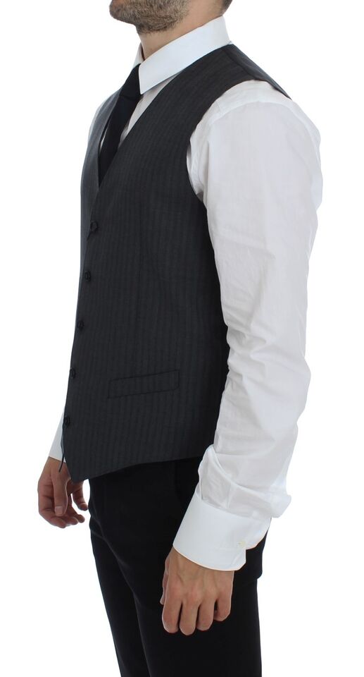Elegant Gray Striped Wool Dress Vest - ventzia