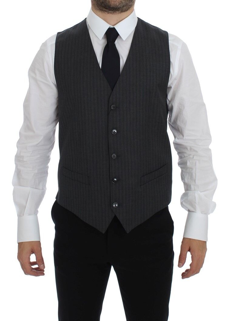 Elegant Gray Striped Wool Dress Vest - ventzia