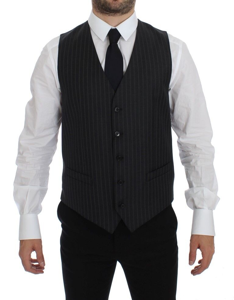 Elegant Gray Striped Wool Dress Vest - ventzia