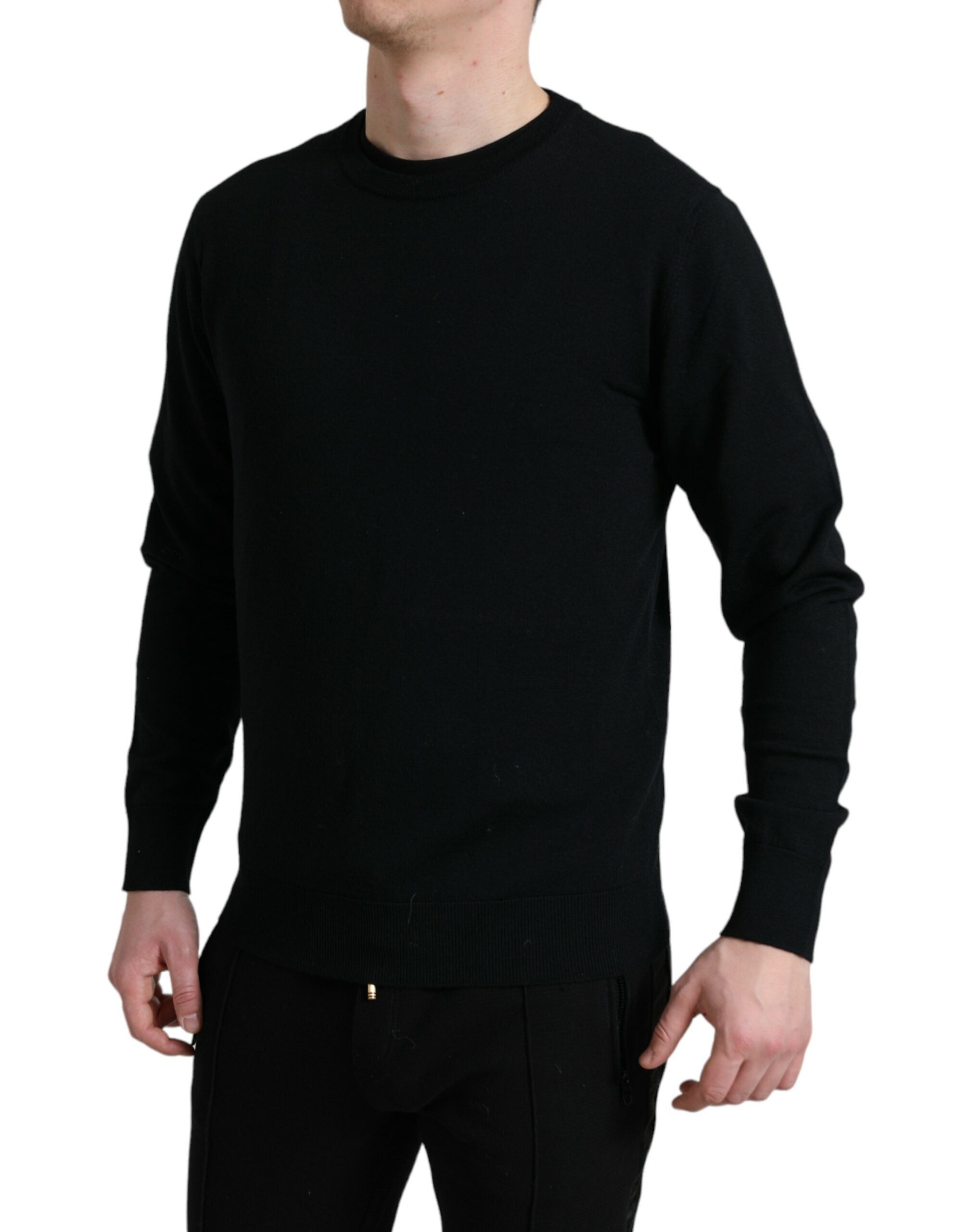Black Wool Round Neck Pullover Sweater - ventzia