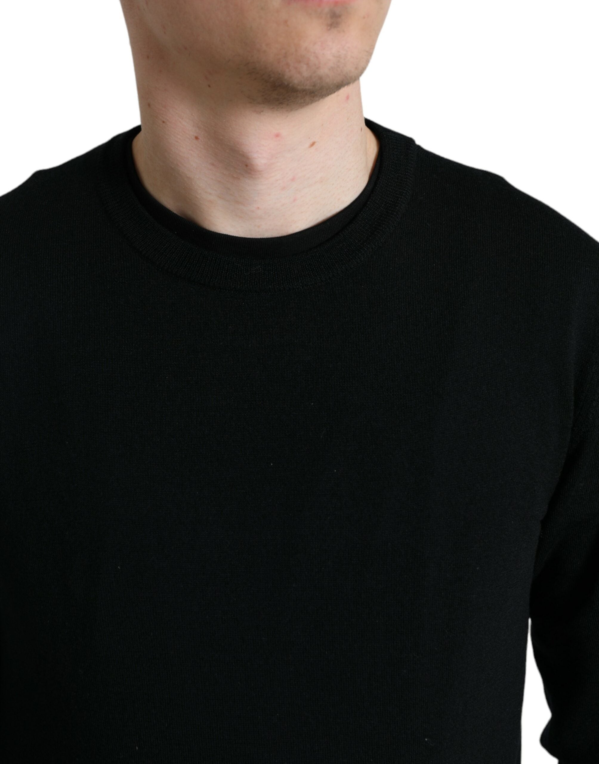 Black Wool Round Neck Pullover Sweater - ventzia