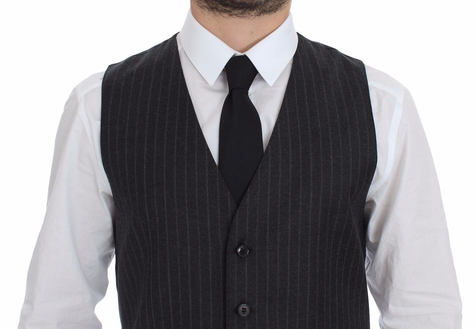 Elegant Gray Striped Dress Vest - ventzia