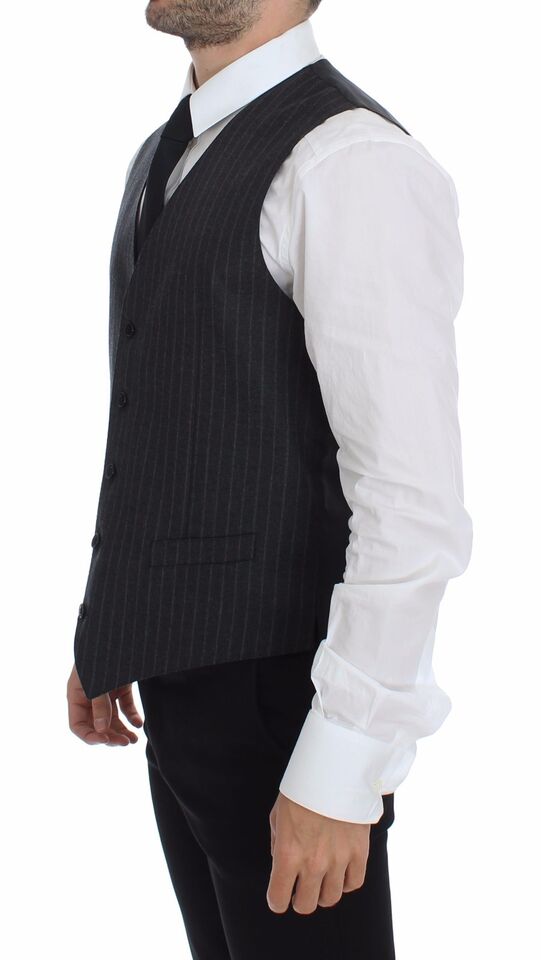 Elegant Gray Striped Dress Vest - ventzia