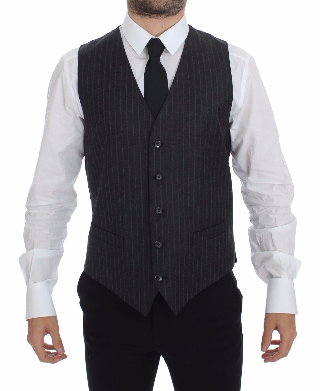 Elegant Gray Striped Dress Vest - ventzia