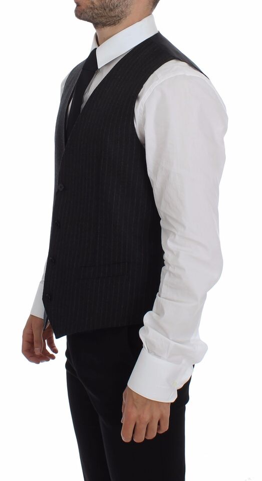 Elegant Gray Striped Wool Dress Vest - ventzia