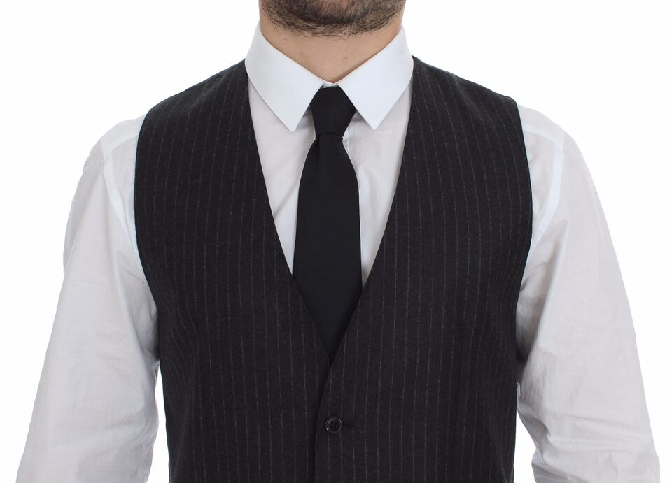 Elegant Gray Striped Wool Dress Vest - ventzia