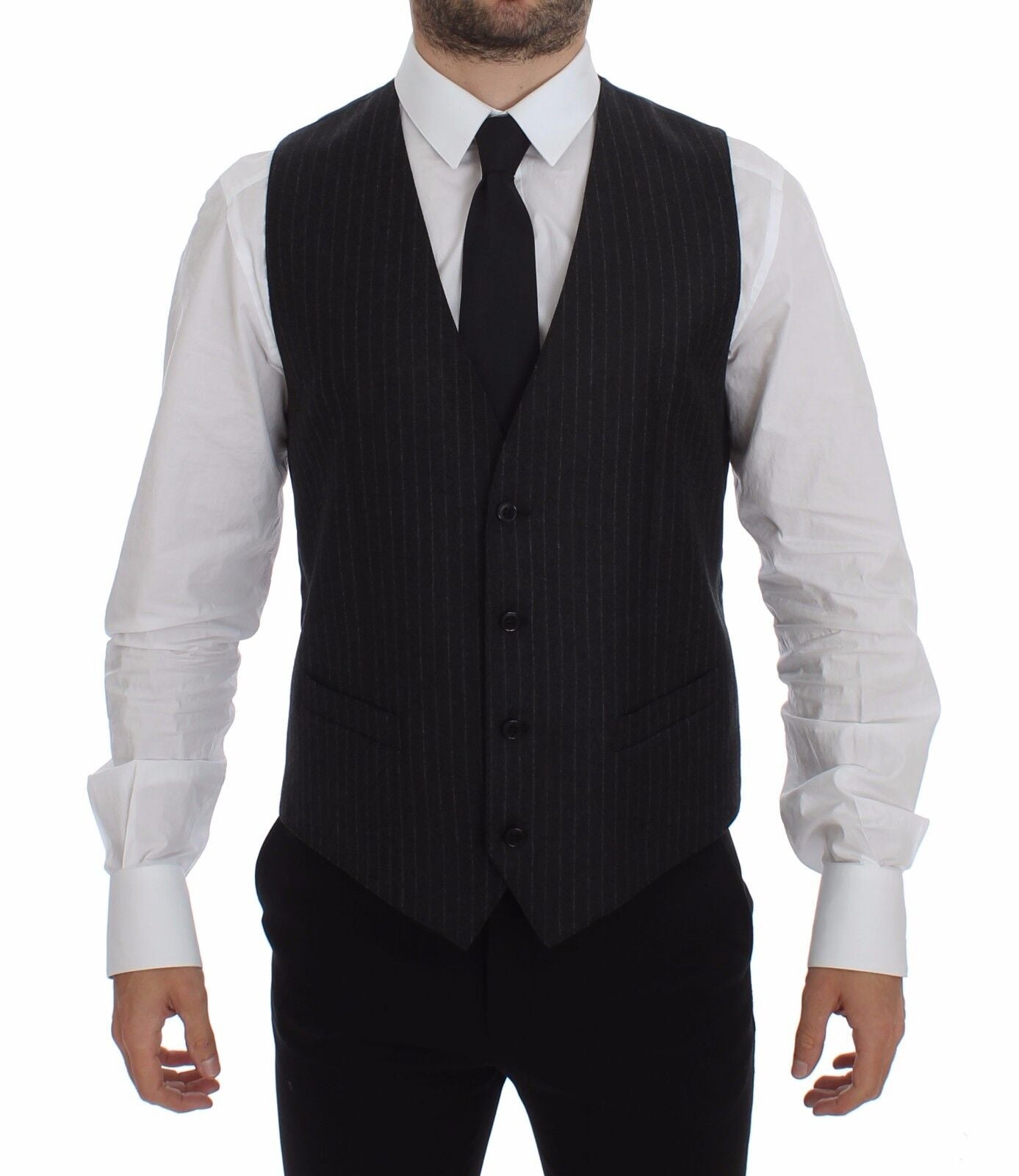 Elegant Gray Striped Wool Dress Vest - ventzia
