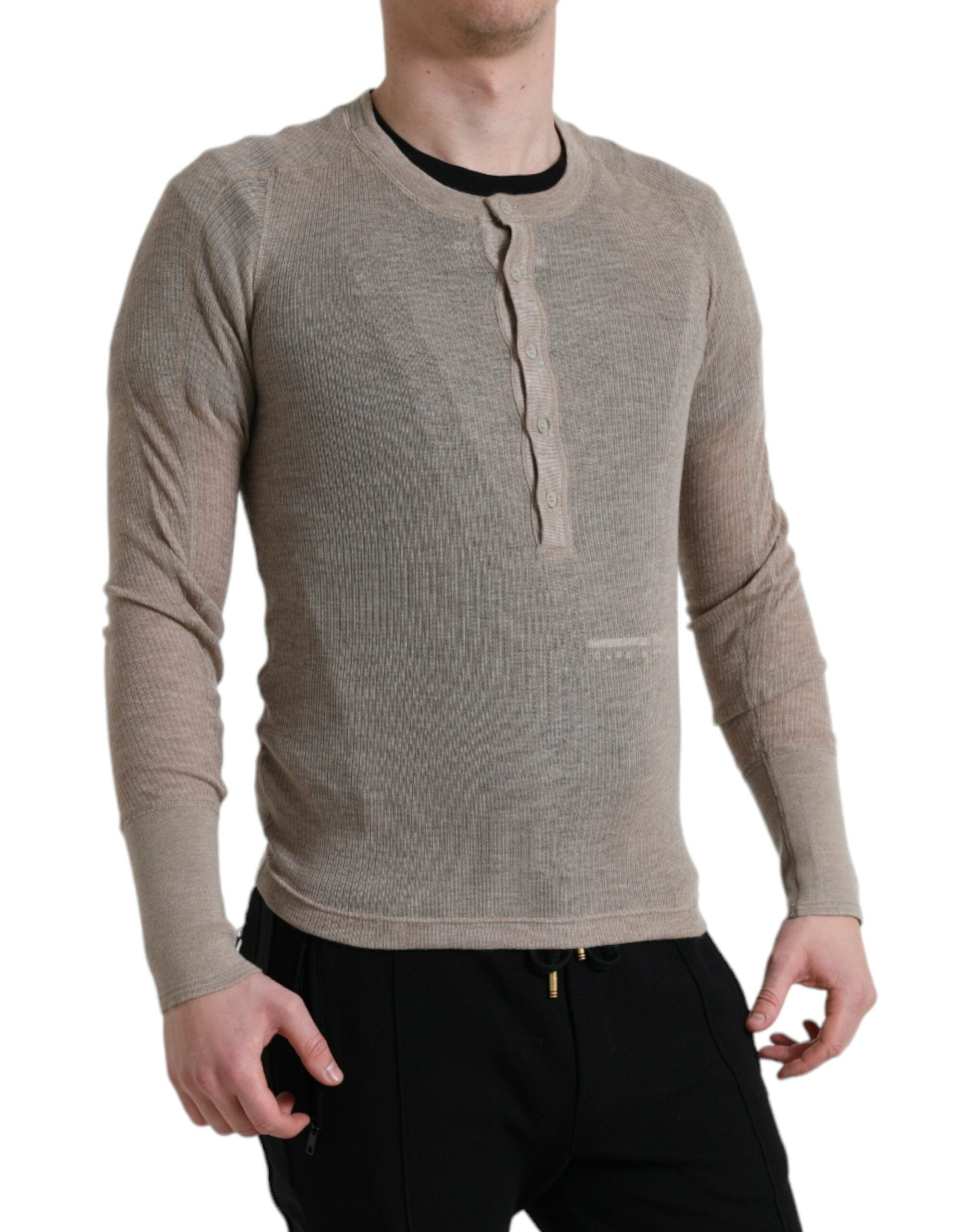 Henley Pullover Beige Cashmere Sweater - ventzia