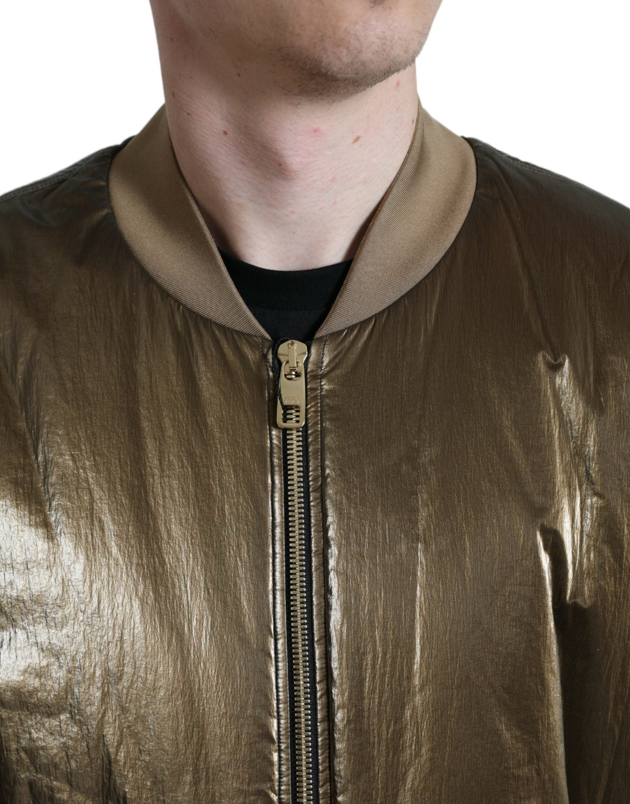 Bronze Nylon Full Zip Men Bomber Jacket - ventzia
