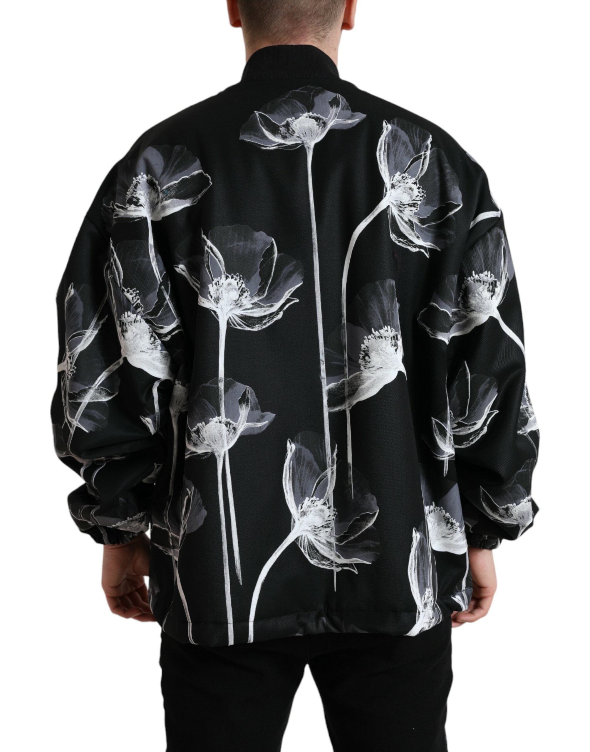 Black Floral Print Wool Button Down Bomber Jacket - ventzia