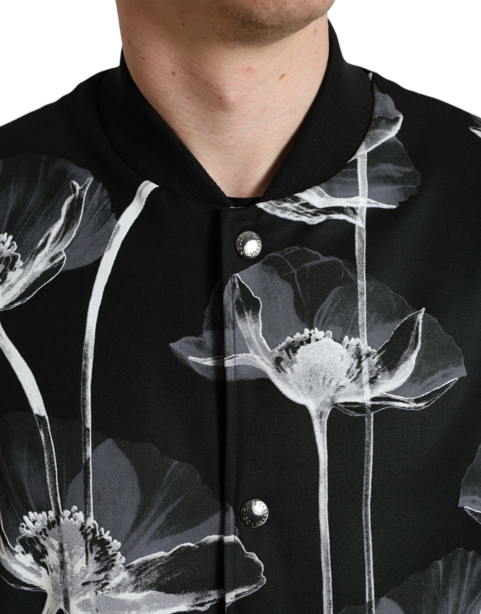 Black Floral Print Wool Button Down Bomber Jacket - ventzia