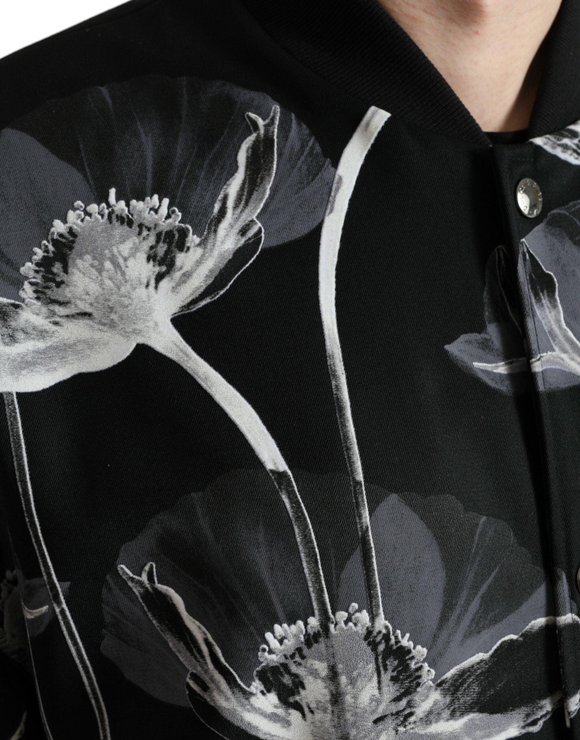 Black Floral Print Wool Button Down Bomber Jacket - ventzia