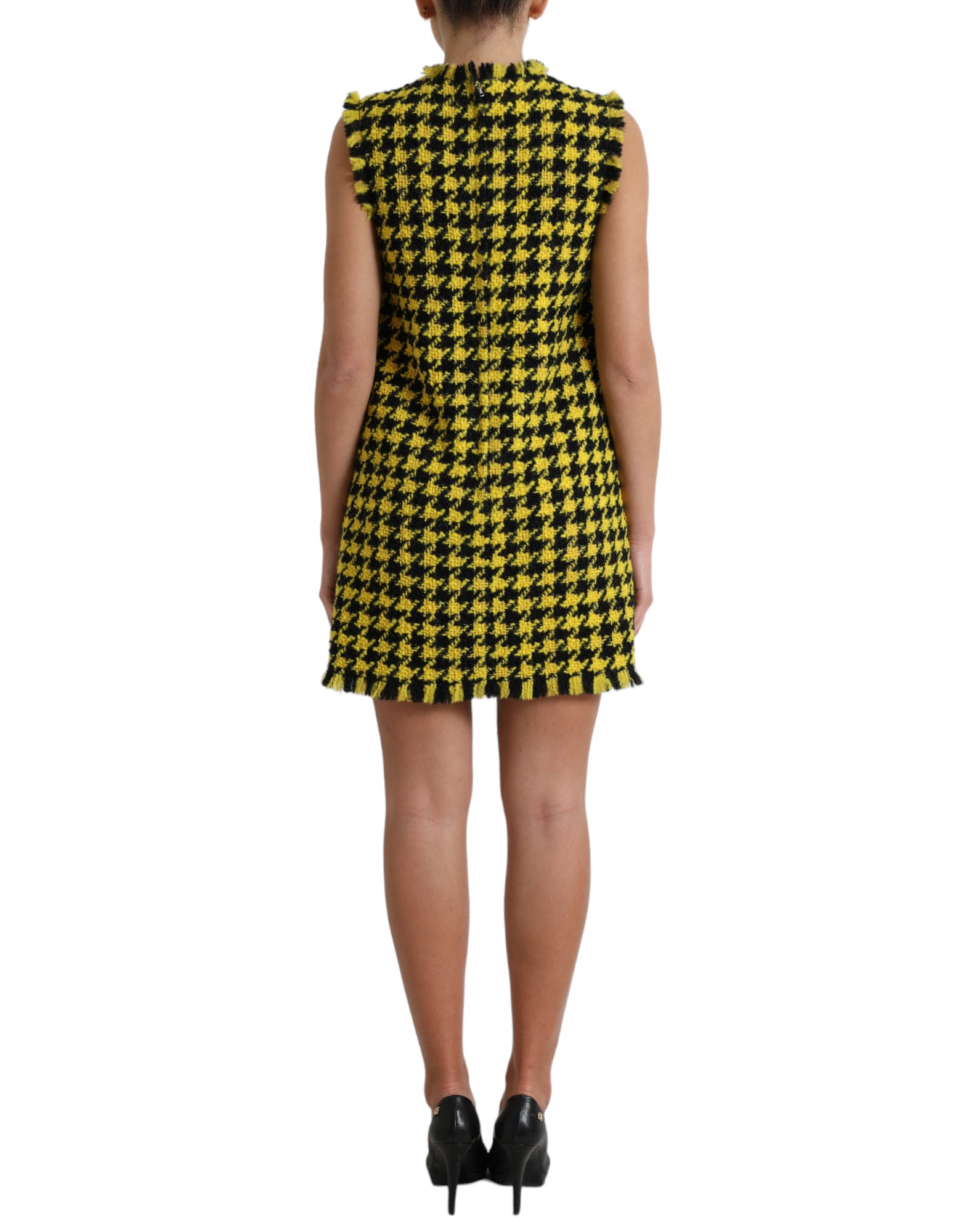 Yellow Houndstooth Sleeveless Aline Mini Dress - ventzia