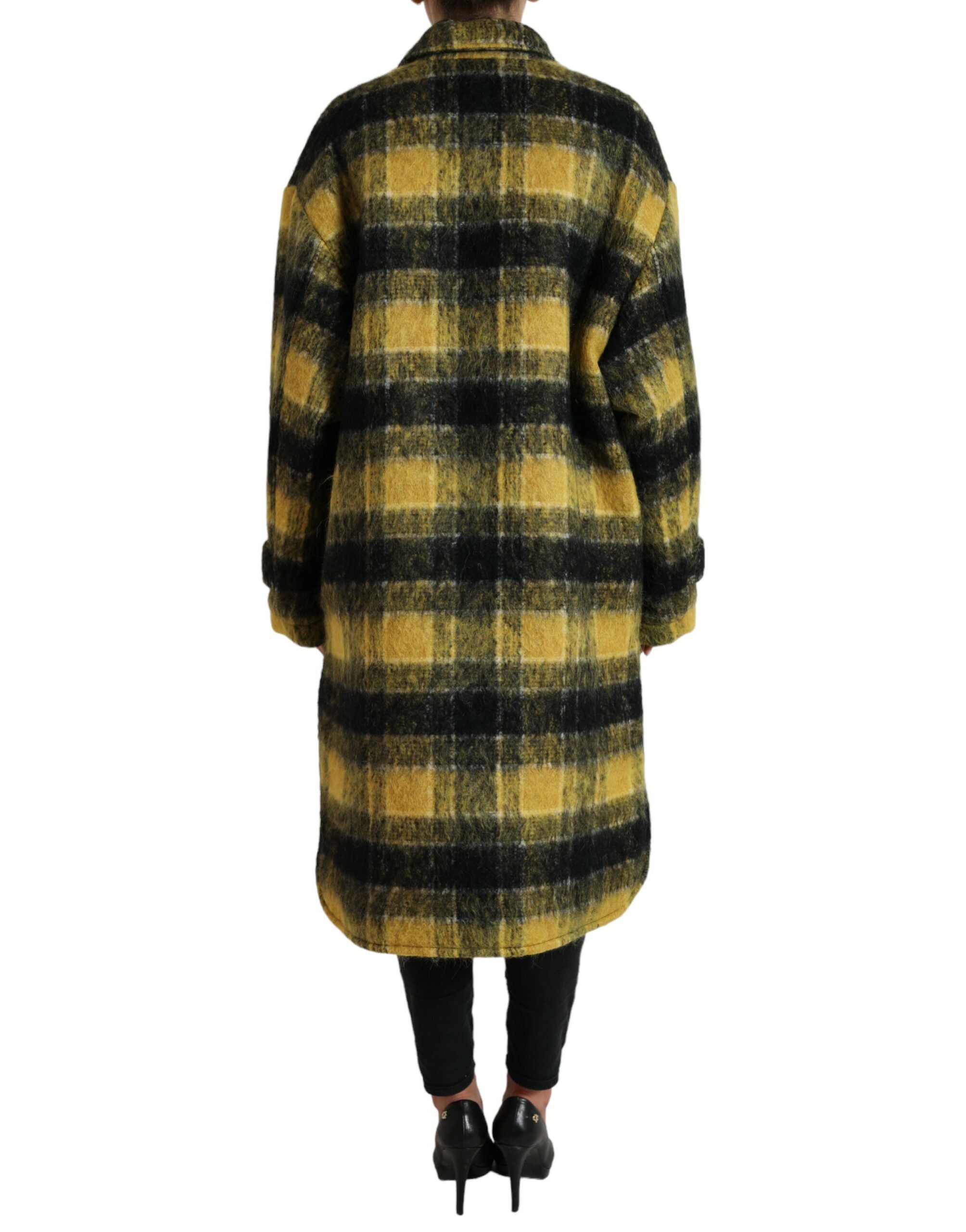 Yellow Plaid Long Sleeve Casual Coat Jacket - ventzia