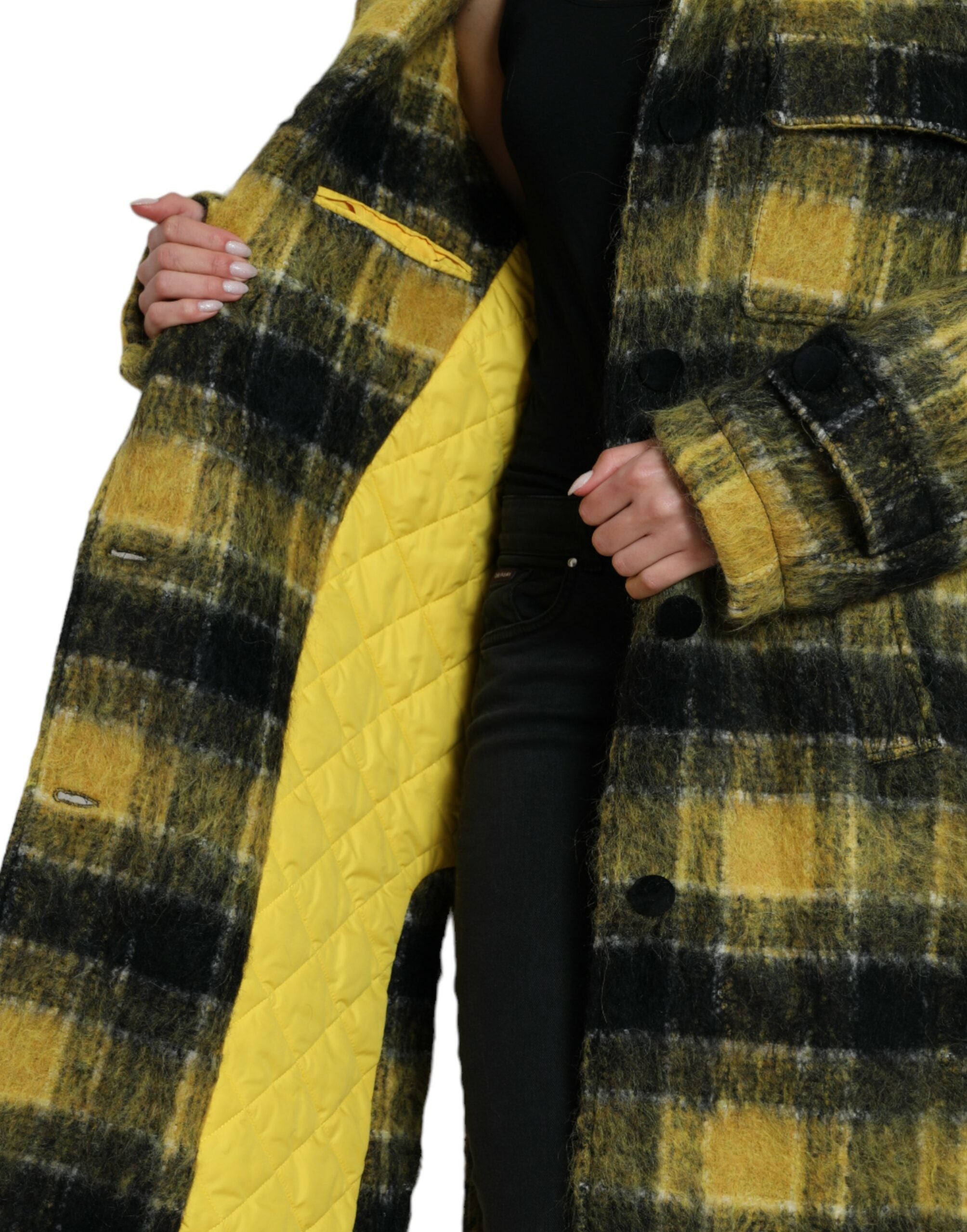 Yellow Plaid Long Sleeve Casual Coat Jacket - ventzia