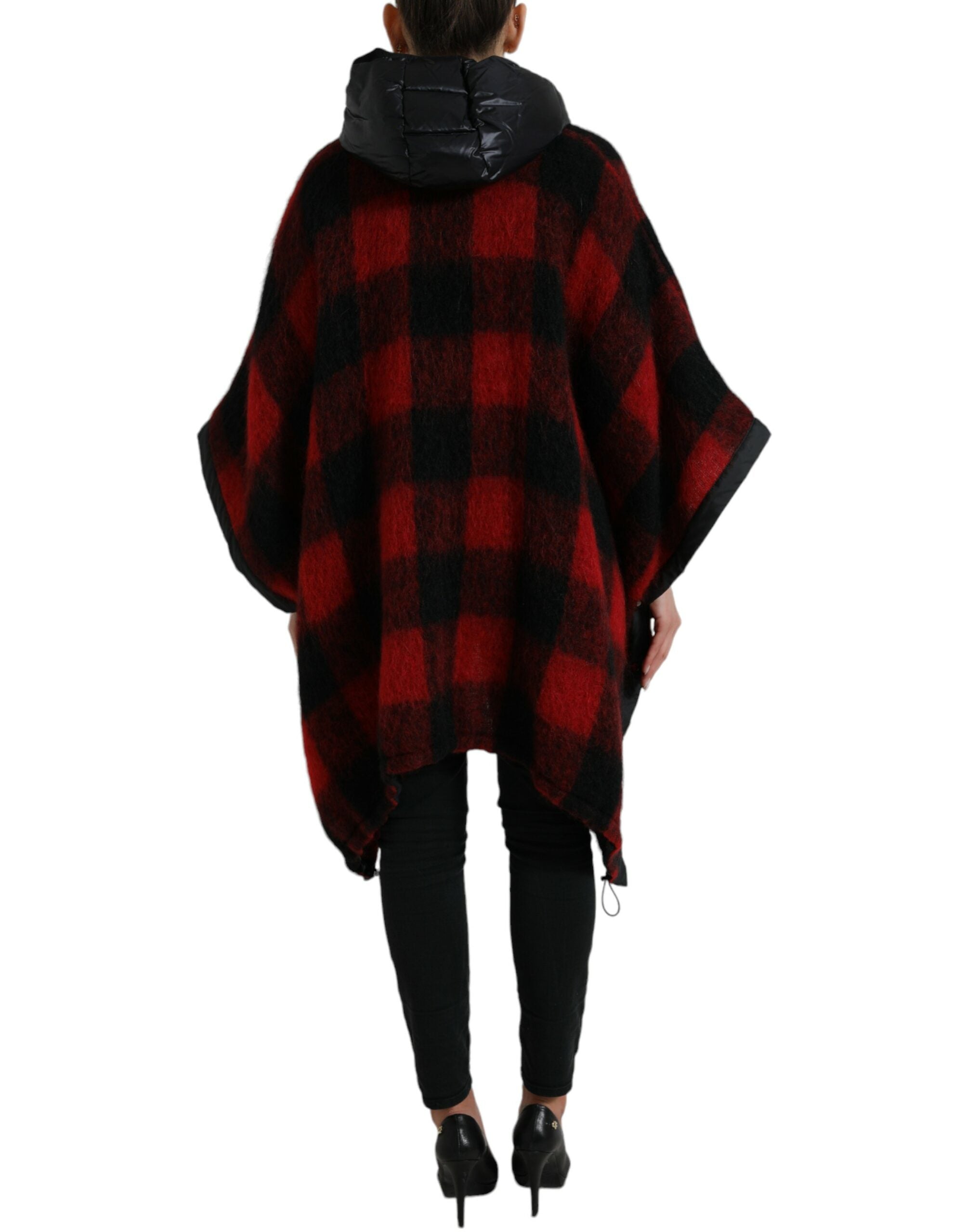 Black Red Buffalo Check Hooded Poncho Jacket - ventzia