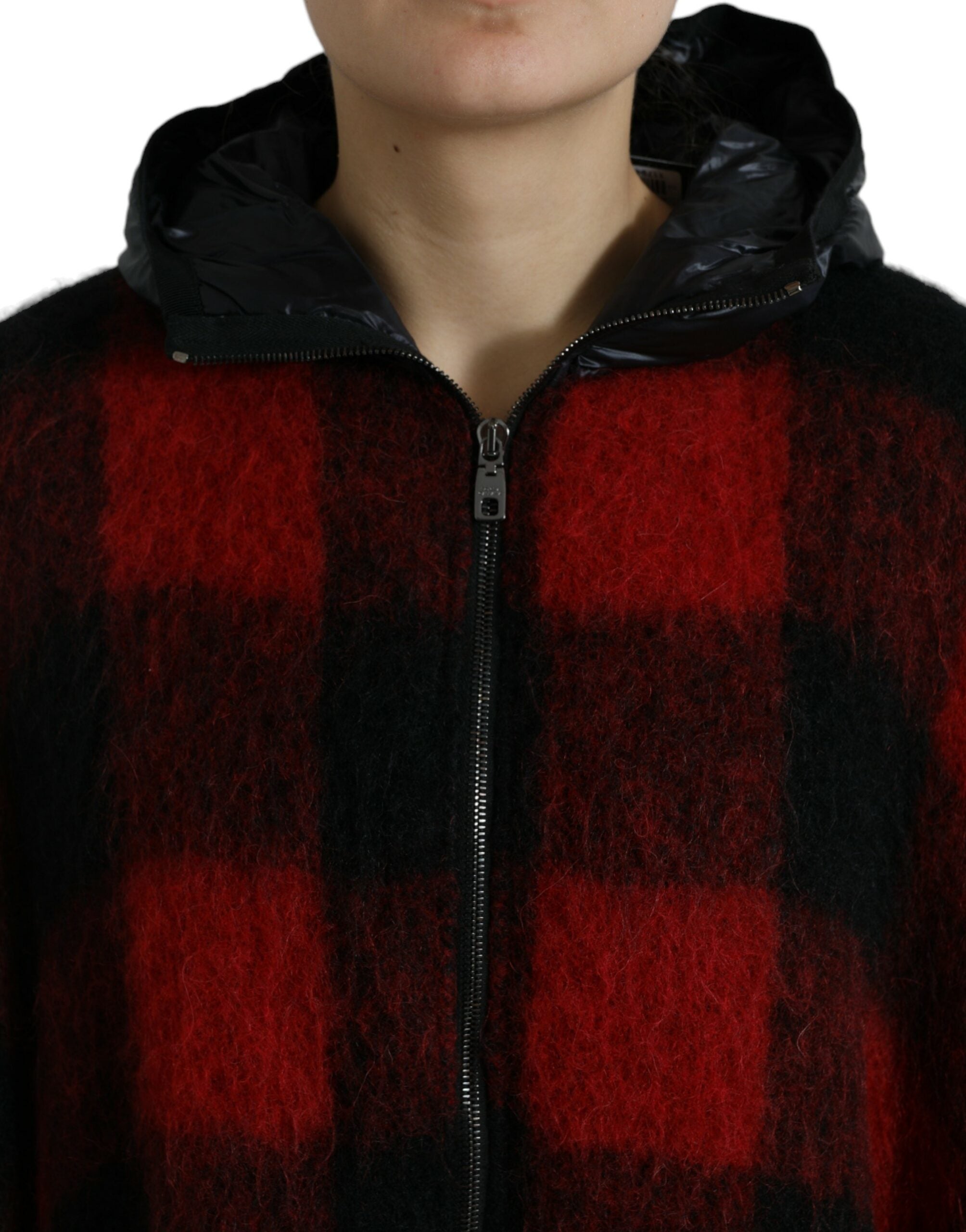 Black Red Buffalo Check Hooded Poncho Jacket - ventzia