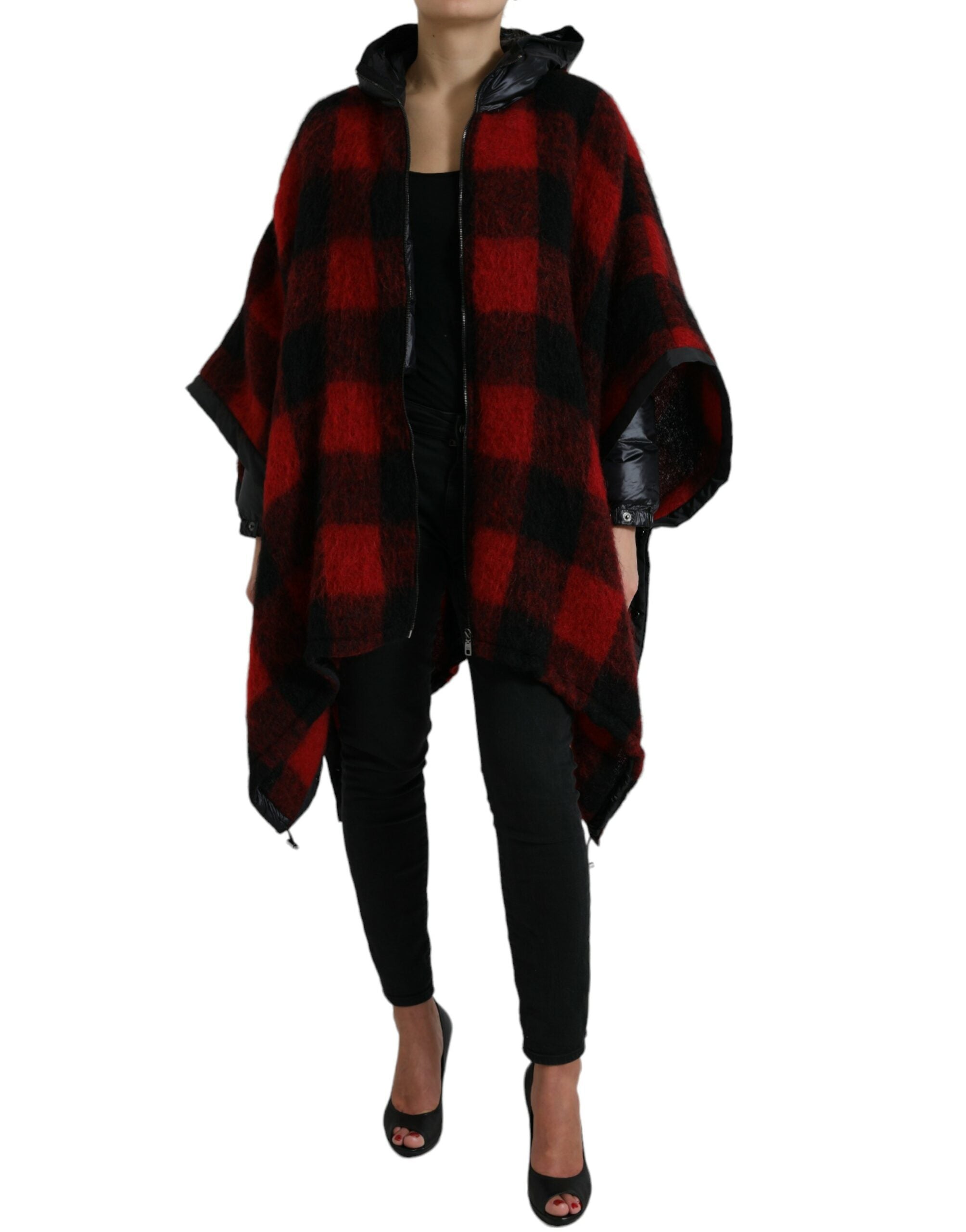 Black Red Buffalo Check Hooded Poncho Jacket - ventzia