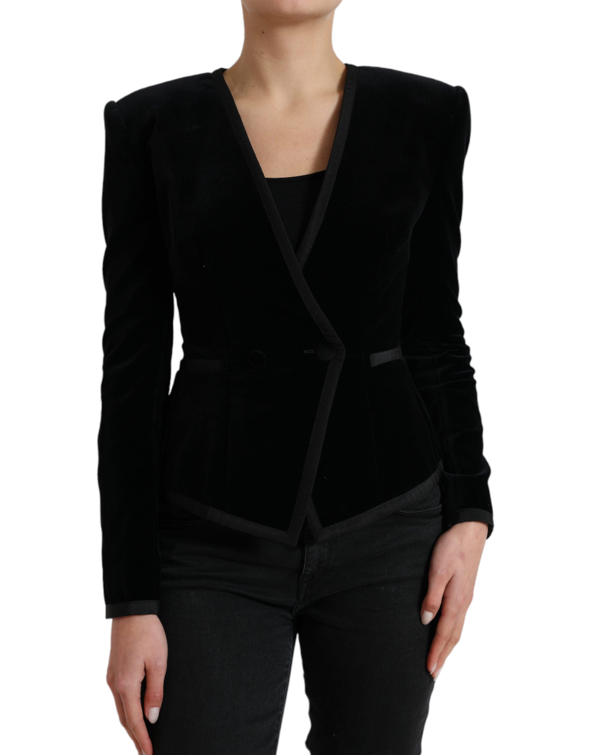 Black Velvet Cotton Double Breasted Jacket - ventzia