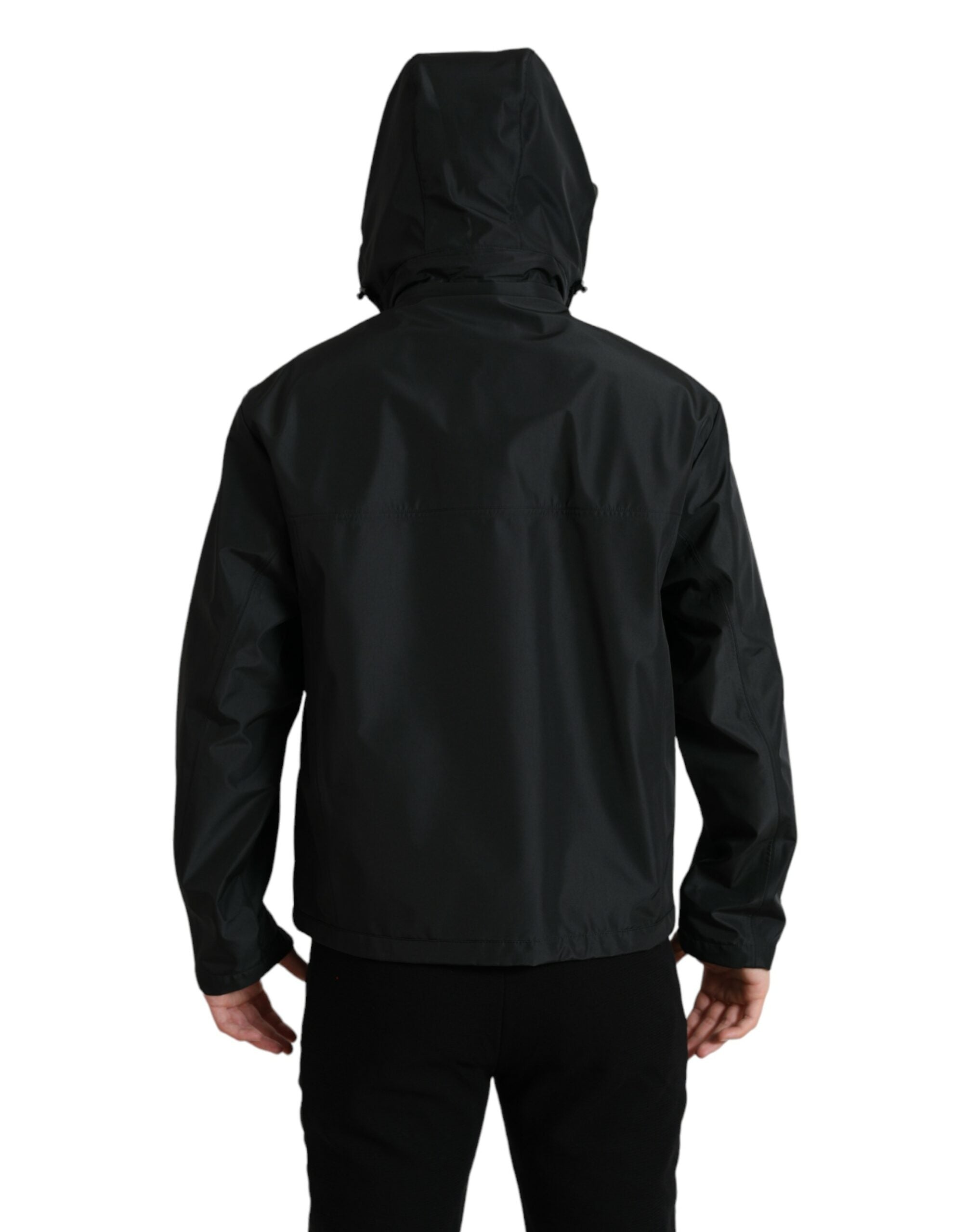 Black Polyester Logo Plaque Hooded Jacket - ventzia