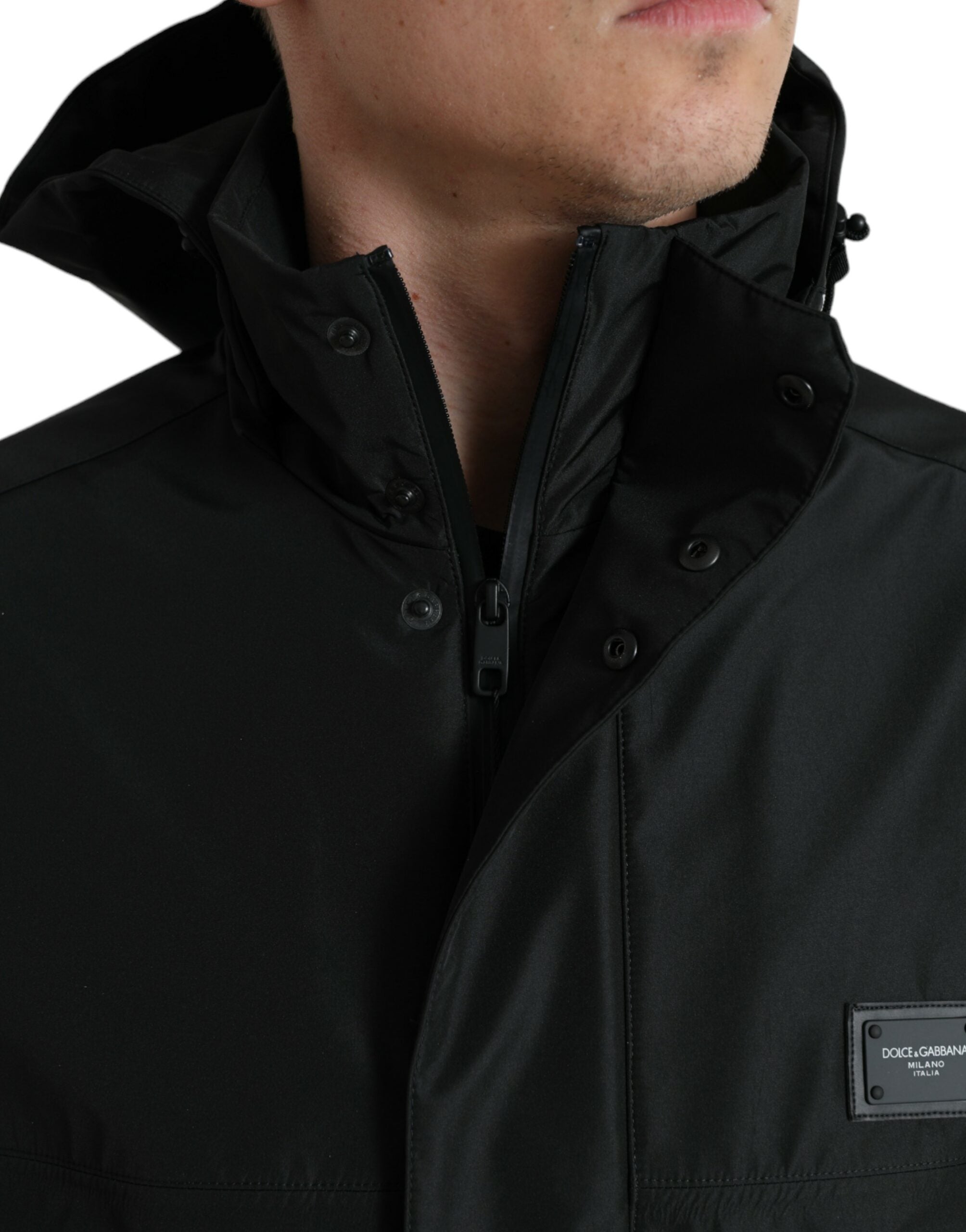 Black Polyester Logo Plaque Hooded Jacket - ventzia