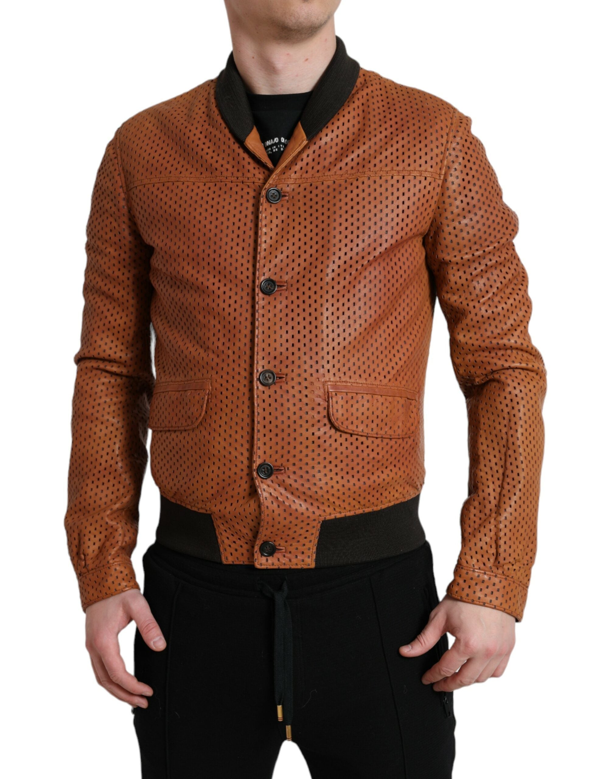 Brown Lambskin Leather Perforated Jacket - ventzia