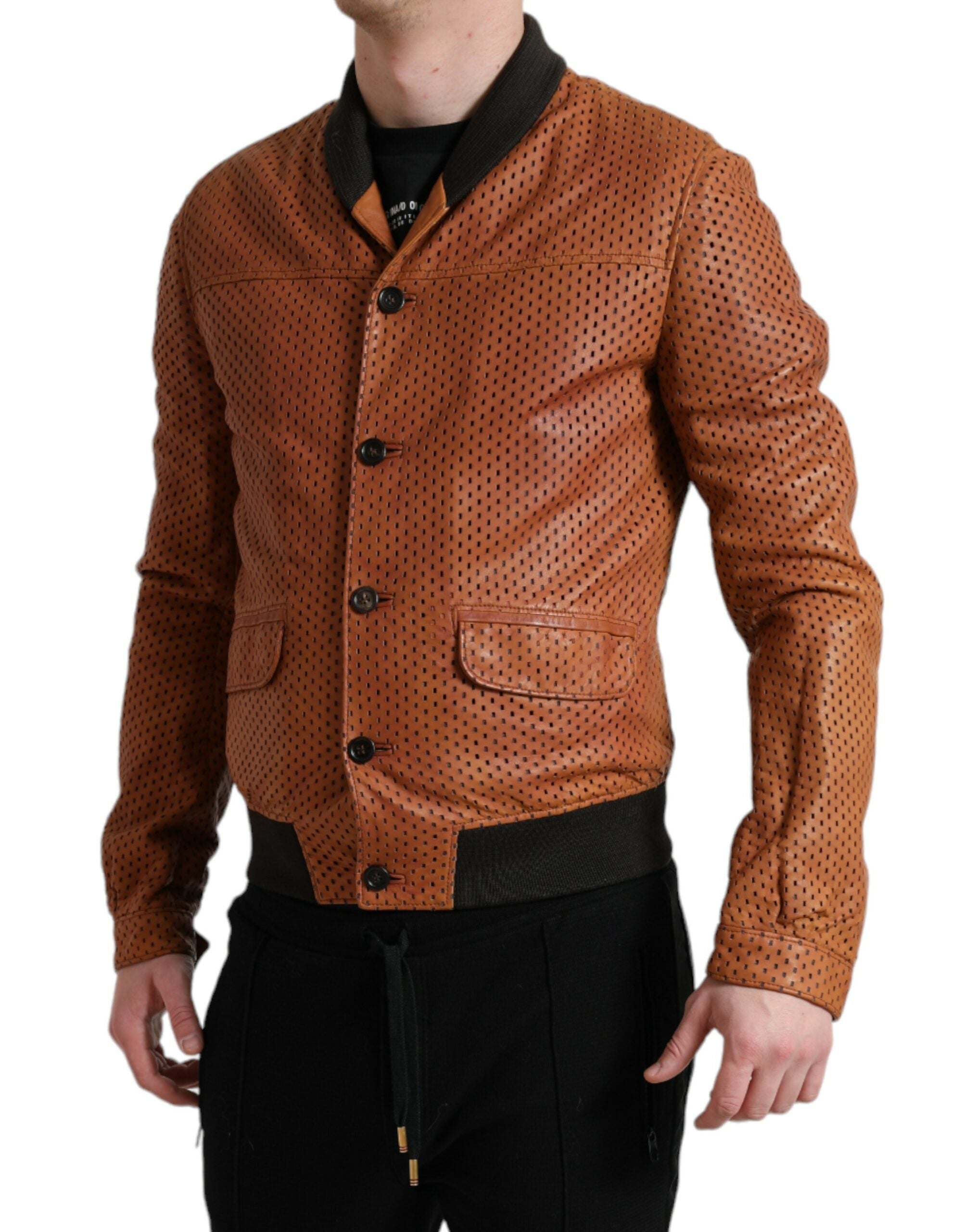 Brown Lambskin Leather Perforated Jacket - ventzia