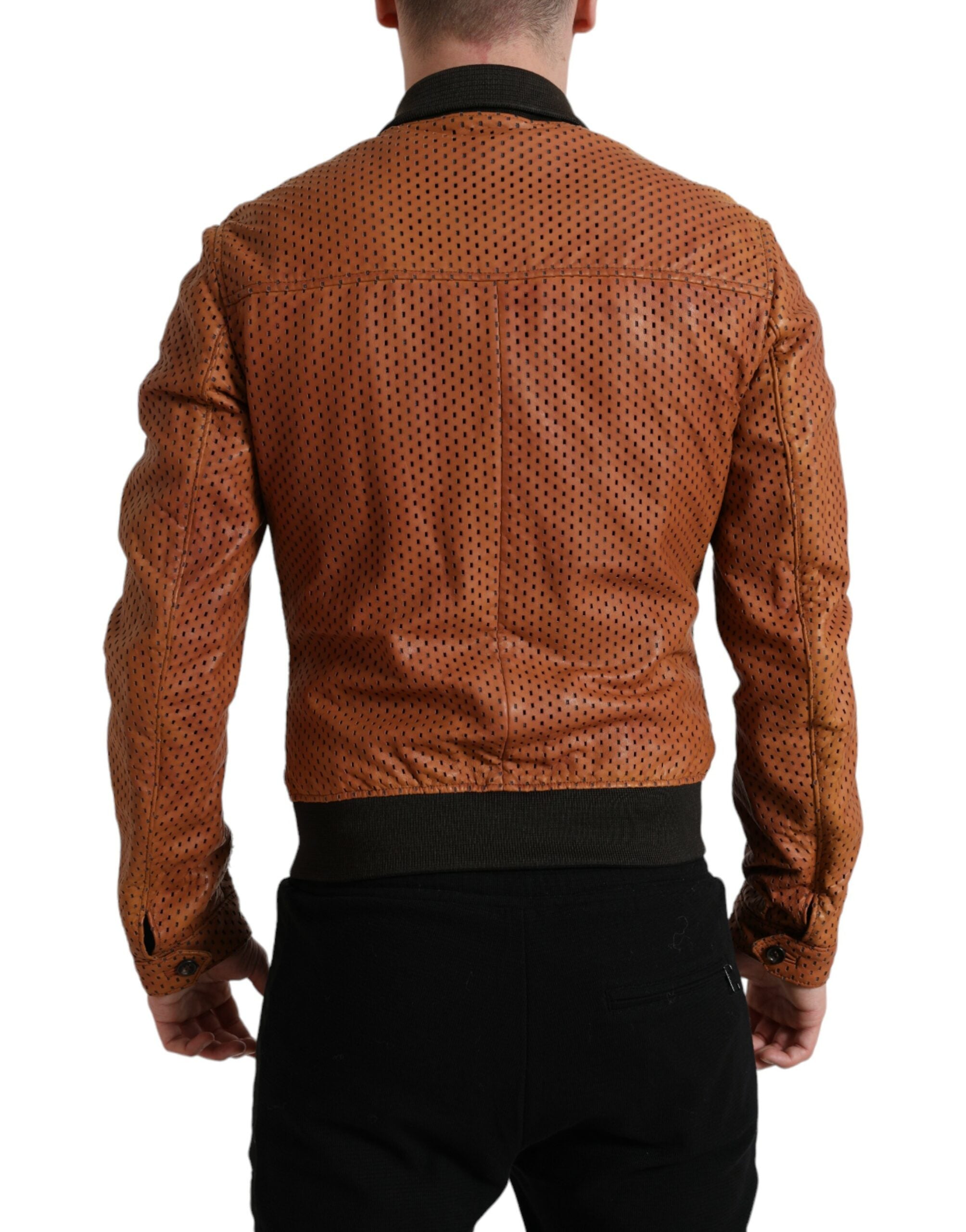 Brown Lambskin Leather Perforated Jacket - ventzia