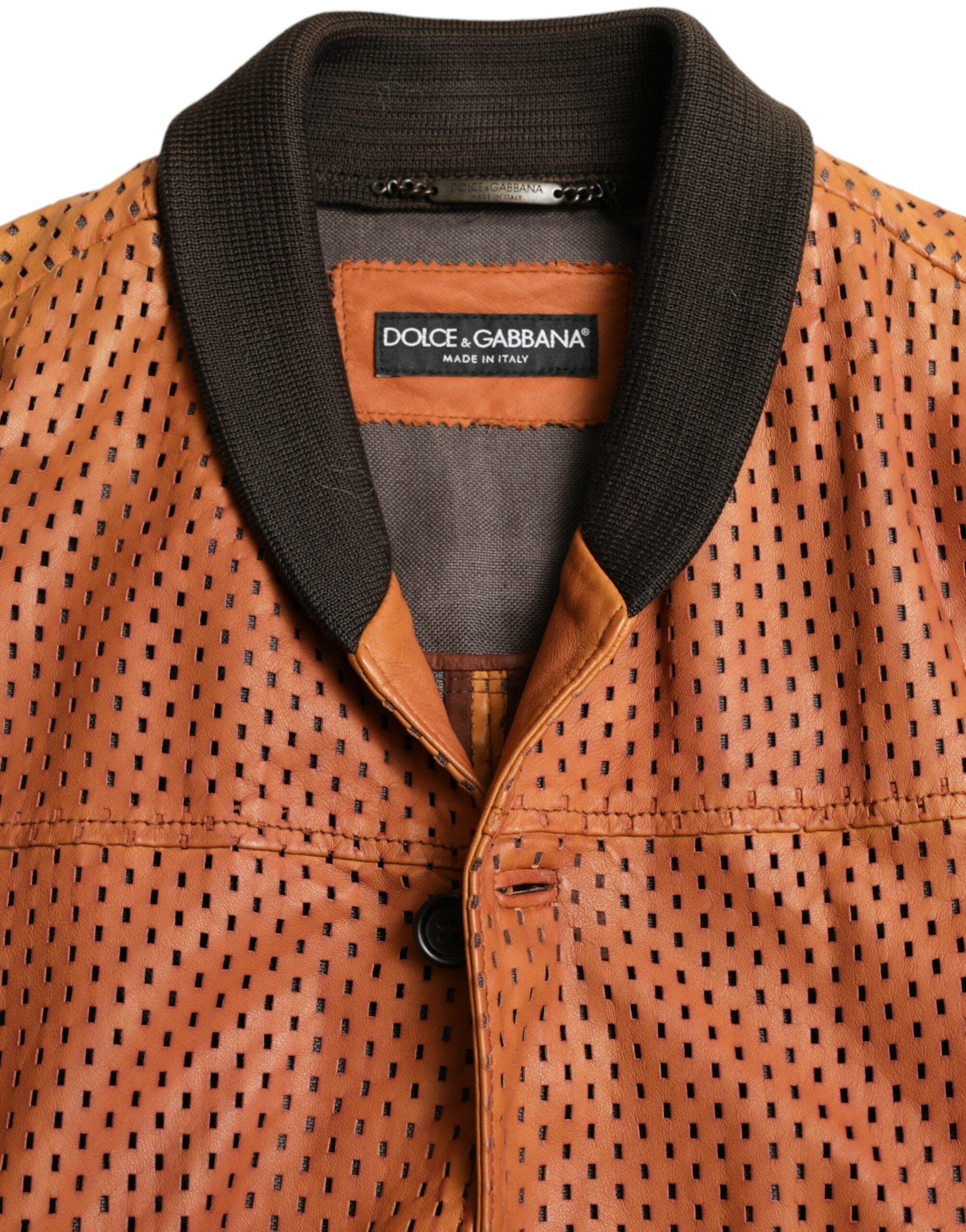 Brown Lambskin Leather Perforated Jacket - ventzia