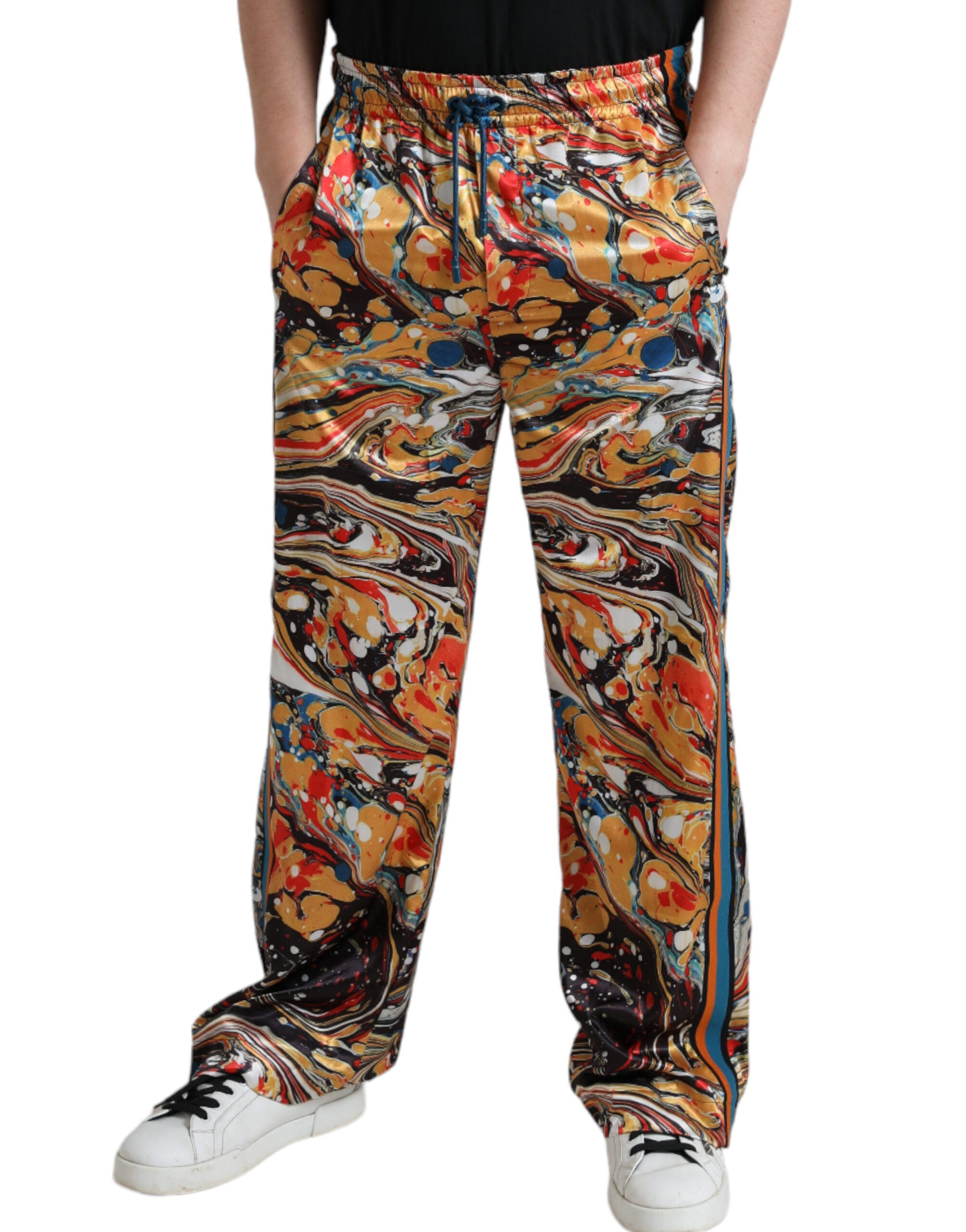 Multicolor Marble Print Satin Pants - ventzia