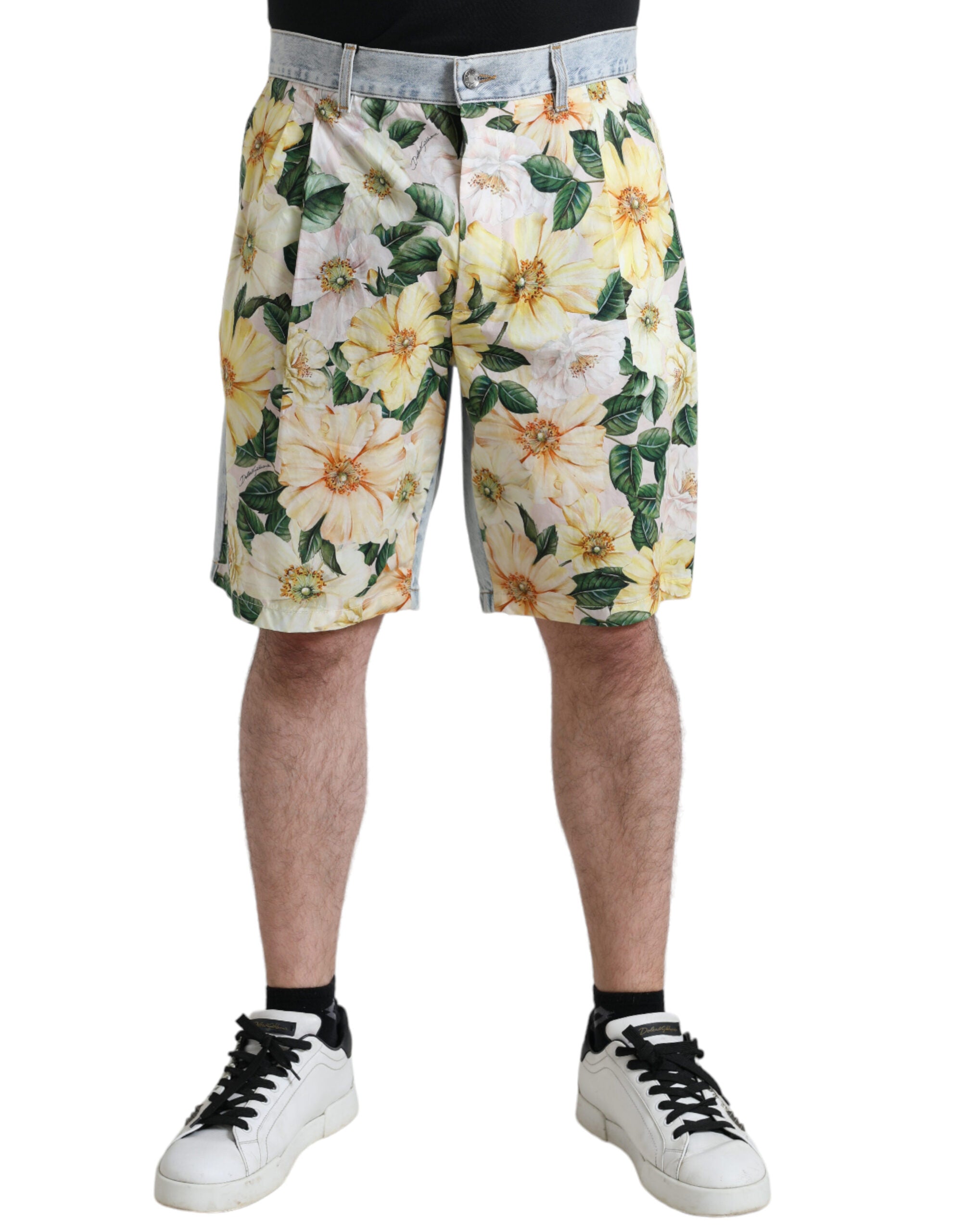 Multicolor Floral Print Denim Bermuda Shorts - ventzia