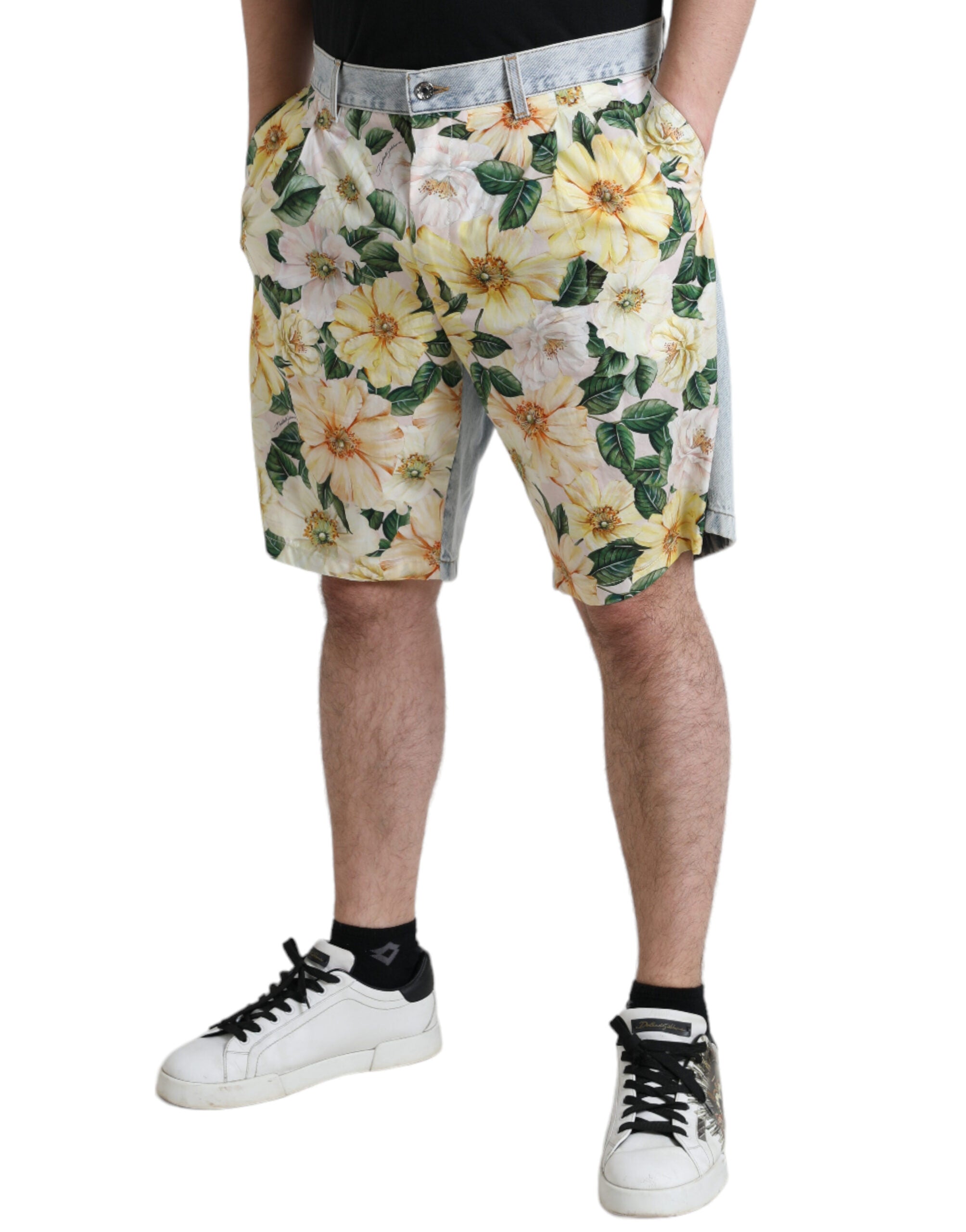 Multicolor Floral Print Denim Bermuda Shorts - ventzia