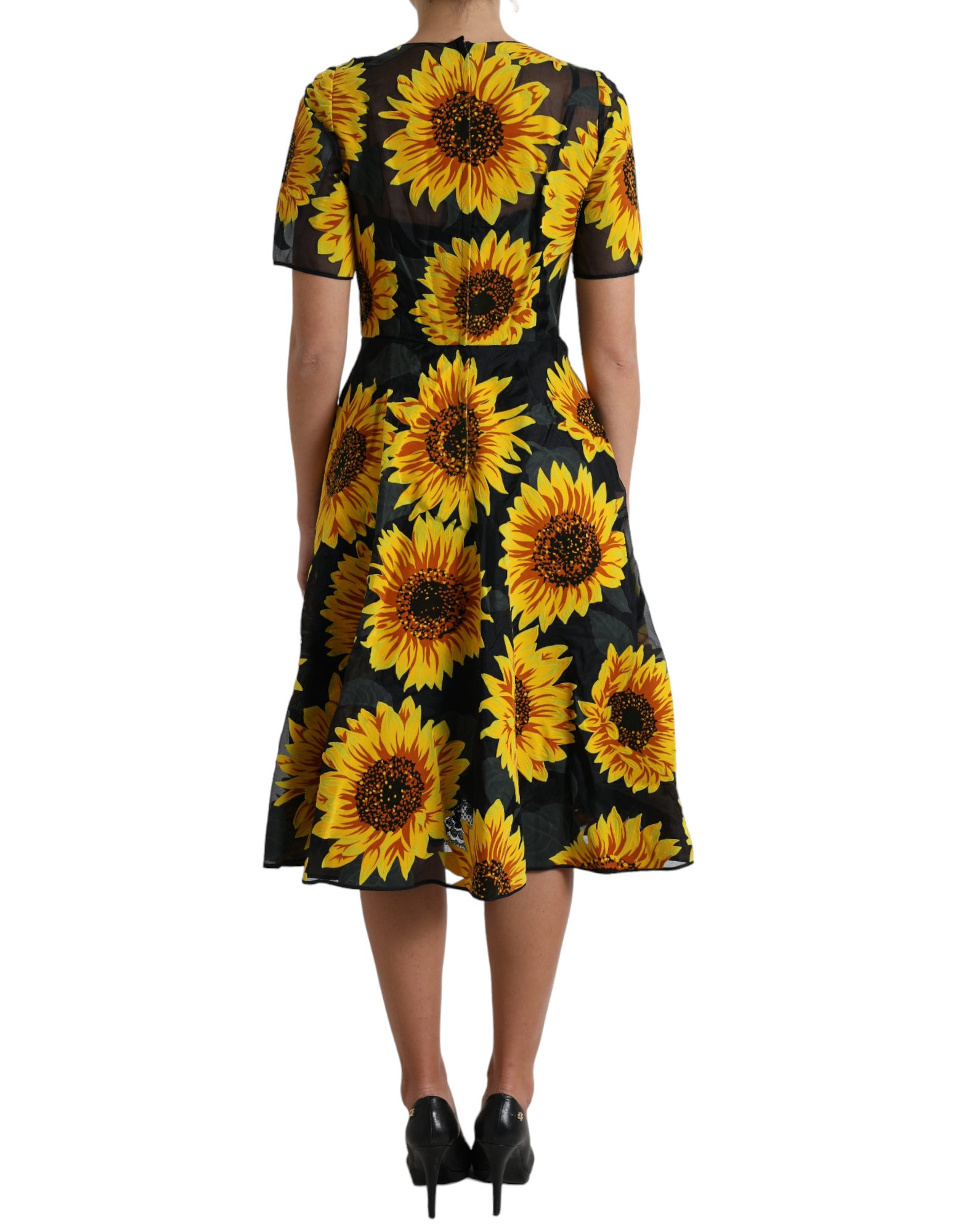 Black Sunflower Print Nylon A-line Midi Dress - ventzia