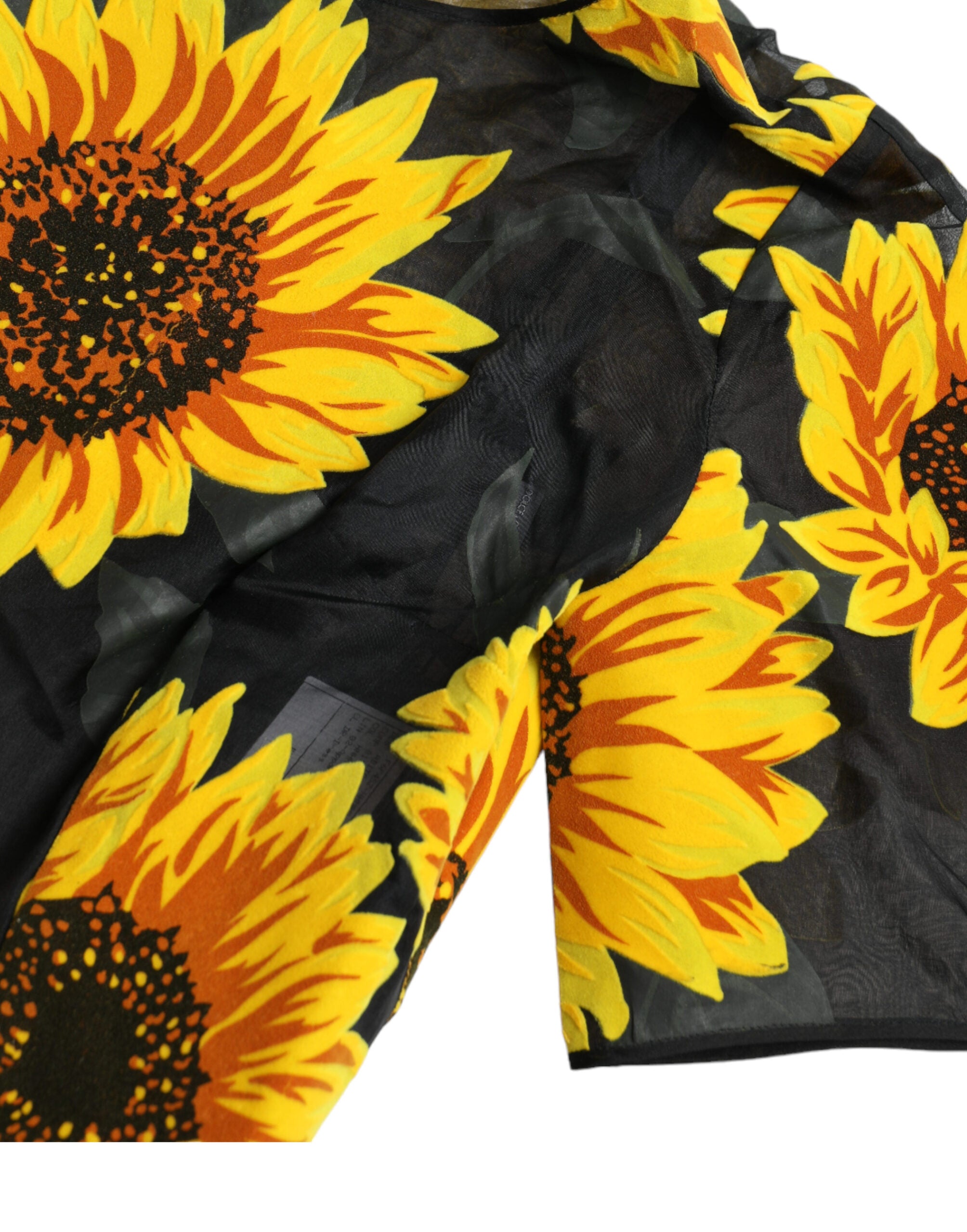Black Sunflower Print Nylon A-line Midi Dress - ventzia