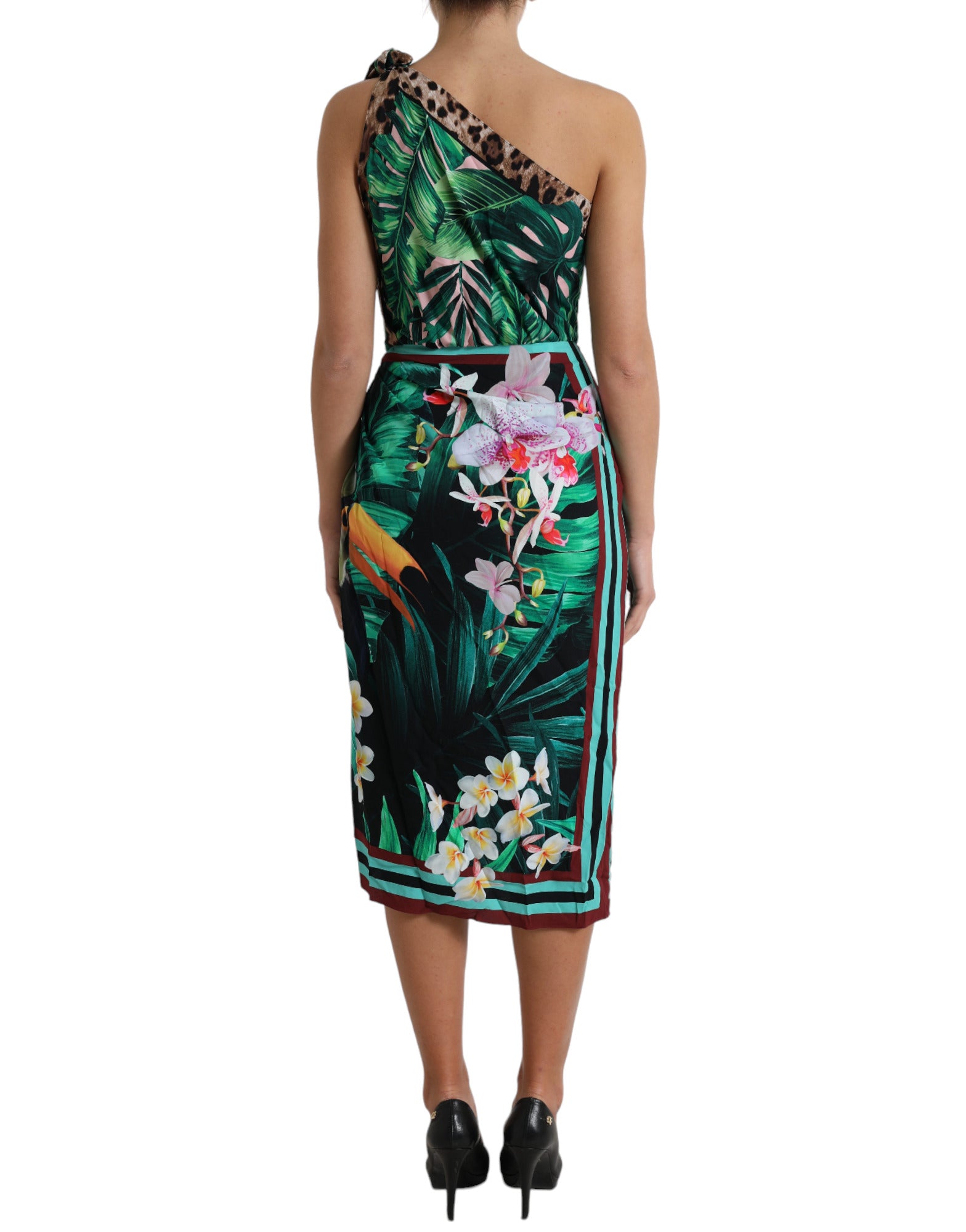 Green Tropical Jungle Print One Shoulder Midi Dress - ventzia