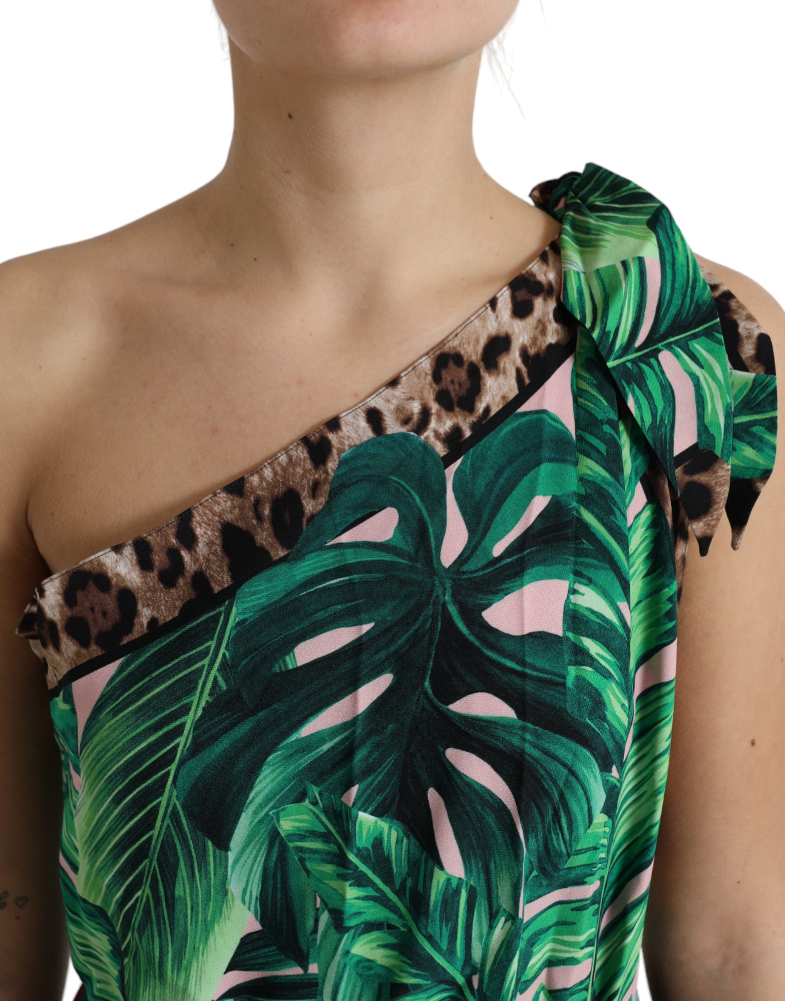 Green Tropical Jungle Print One Shoulder Midi Dress - ventzia
