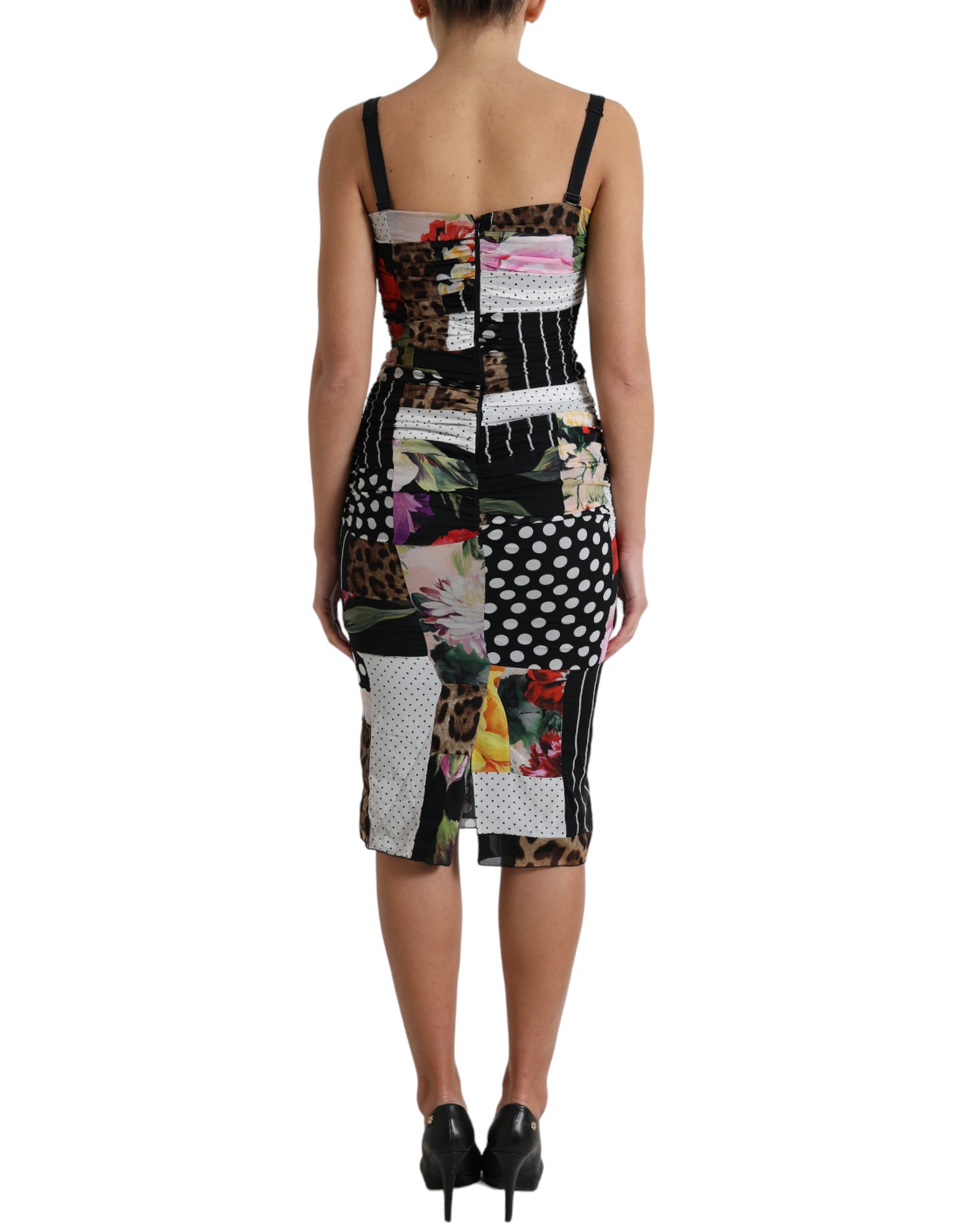 Multicolor Patchwork Midi Floral Leopard Bodycon Dress - ventzia