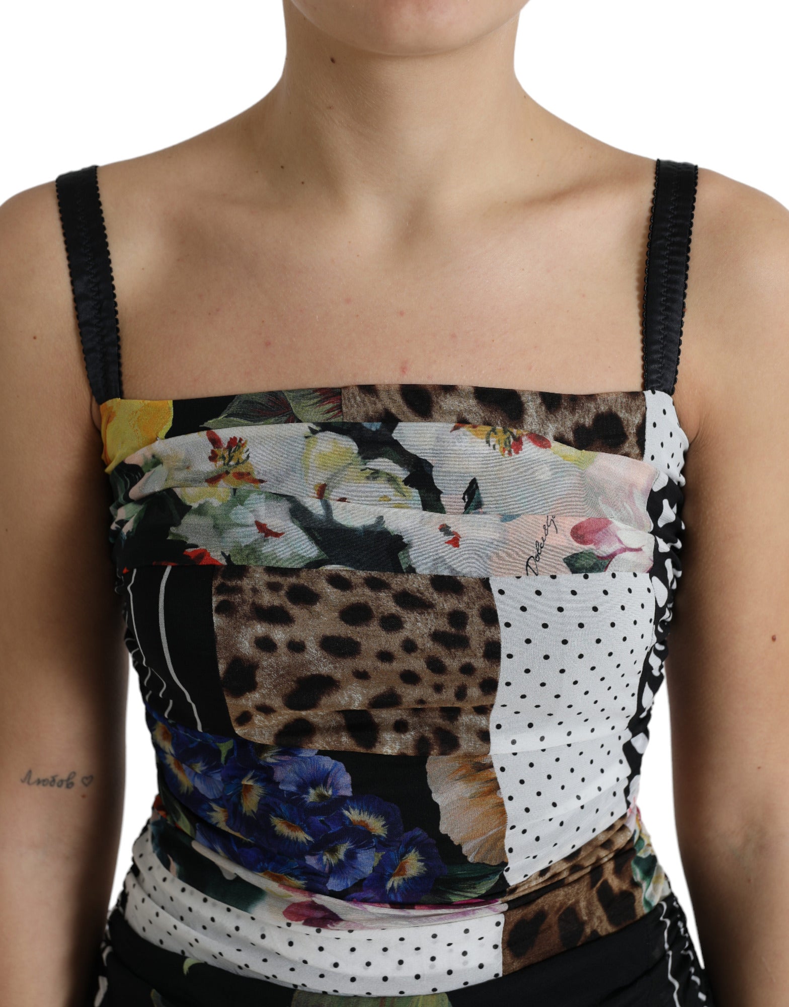 Multicolor Patchwork Midi Floral Leopard Bodycon Dress - ventzia