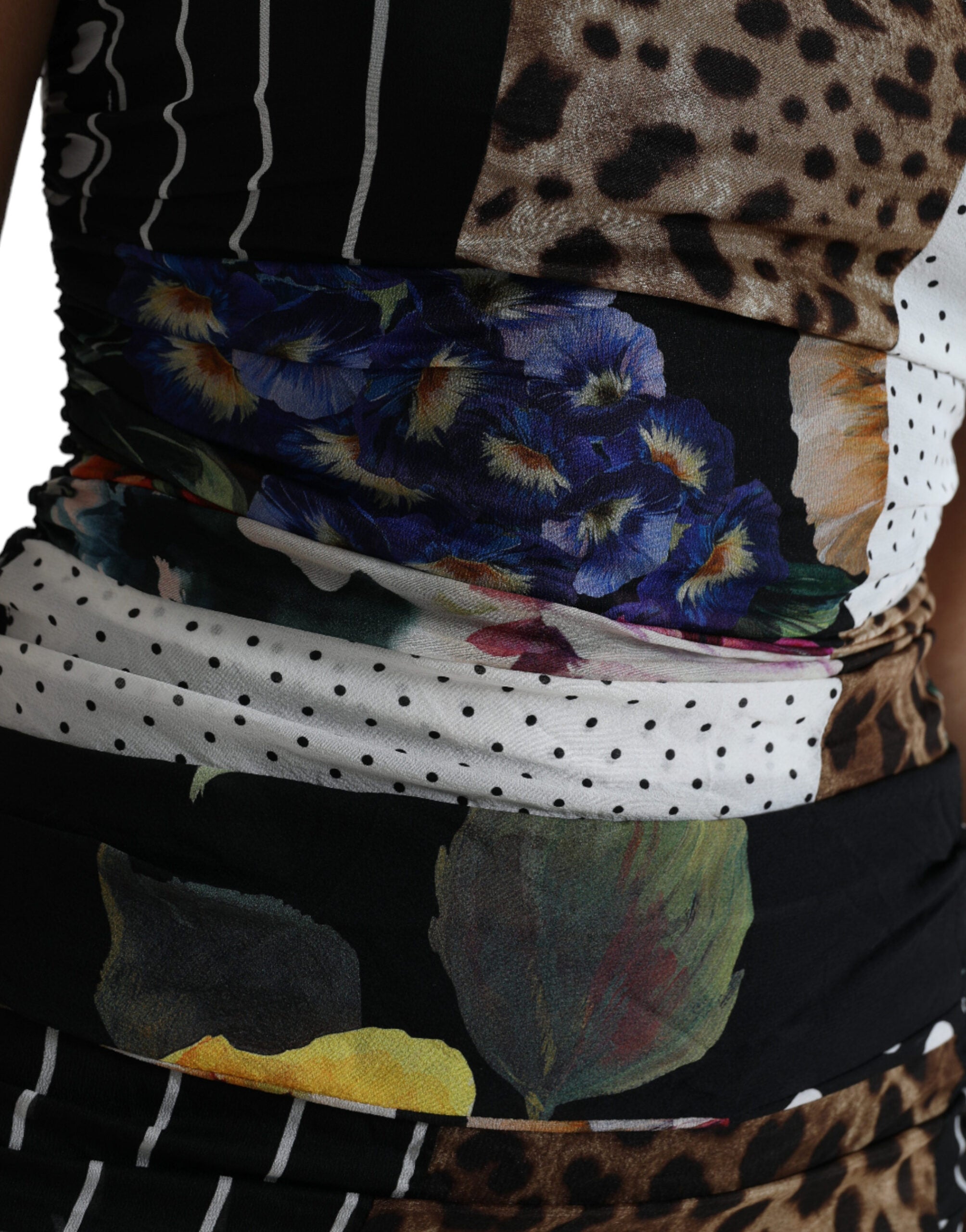 Multicolor Patchwork Midi Floral Leopard Bodycon Dress - ventzia