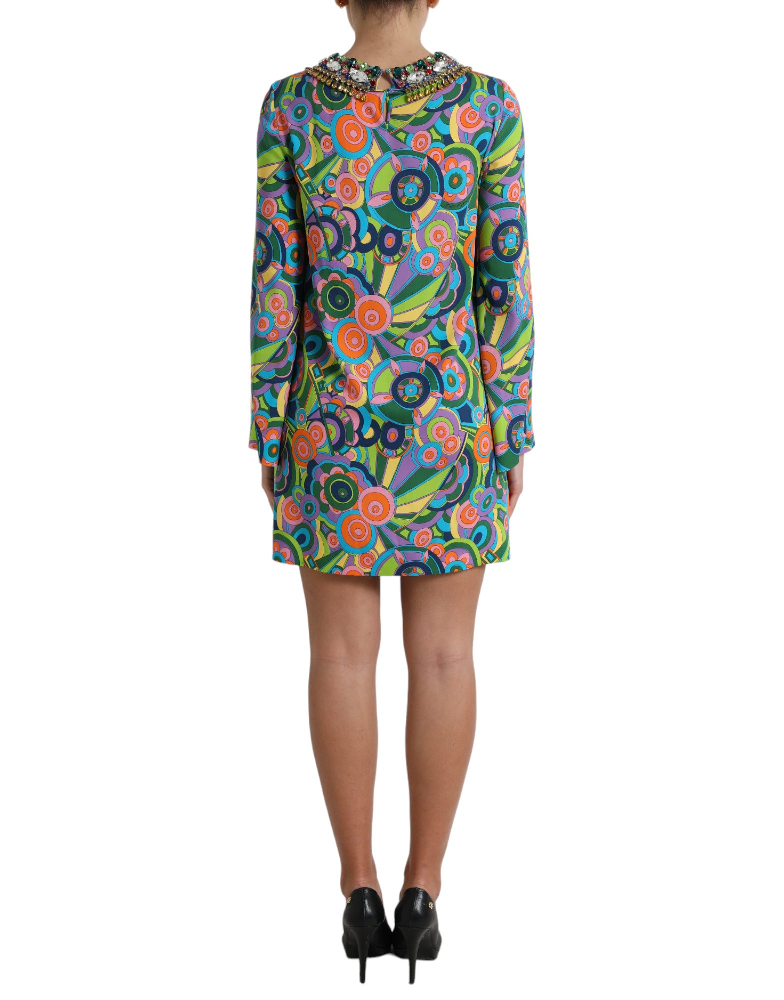 Multicolor Geometric Print Silk Crystals Midi Dress - ventzia