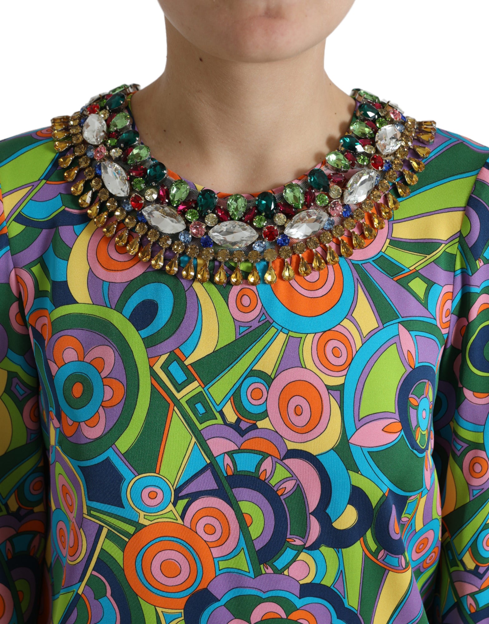 Multicolor Geometric Print Silk Crystals Midi Dress - ventzia